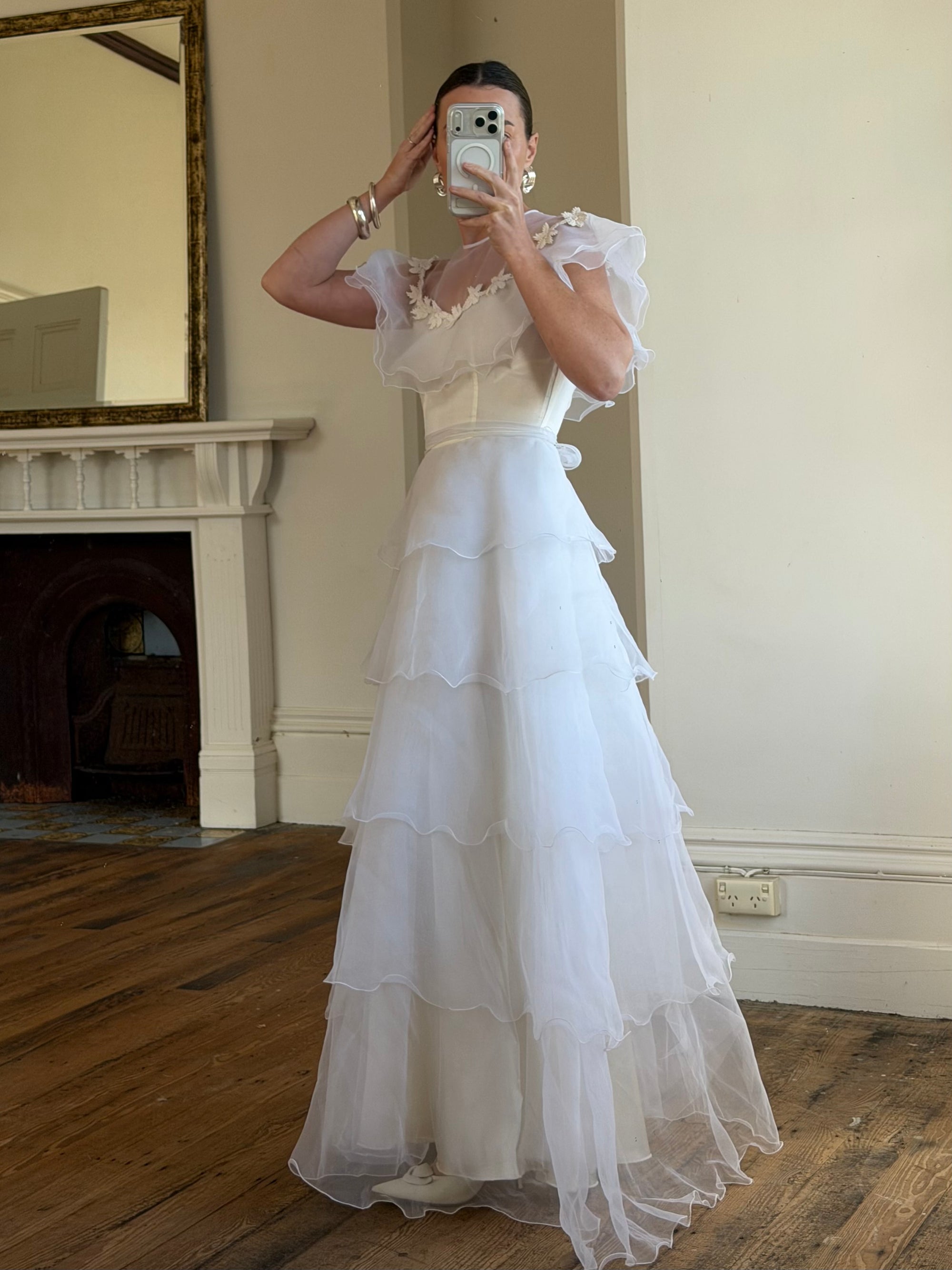 Vintage 70s Tiered Organza Prairie Daisy Wedding Dress
