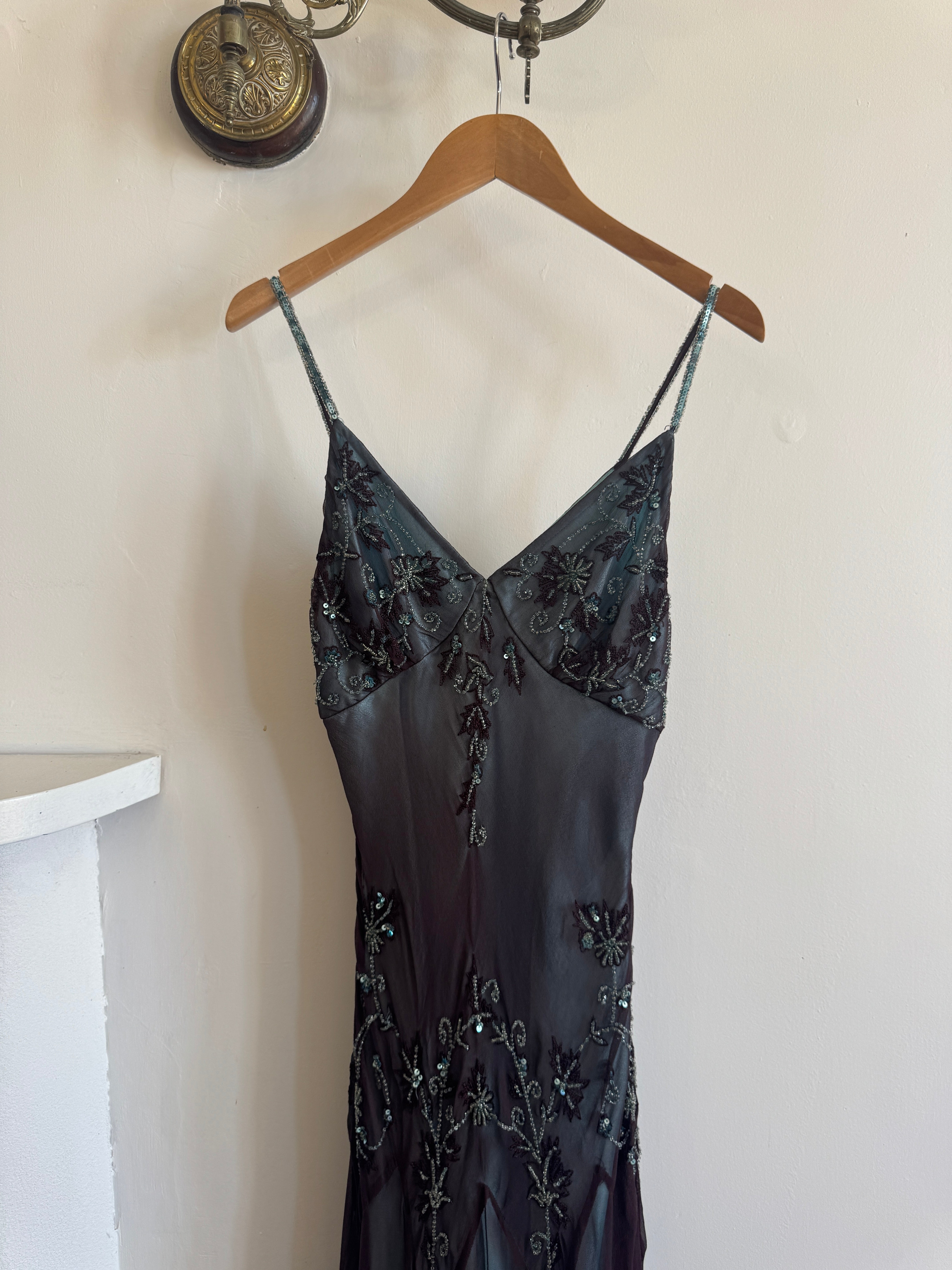 Vintage 90s Indigo Pure Silk Beaded Dress