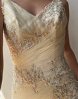 Vintage 90s Fishtail Beaded Tulle Wedding Gown Champagne