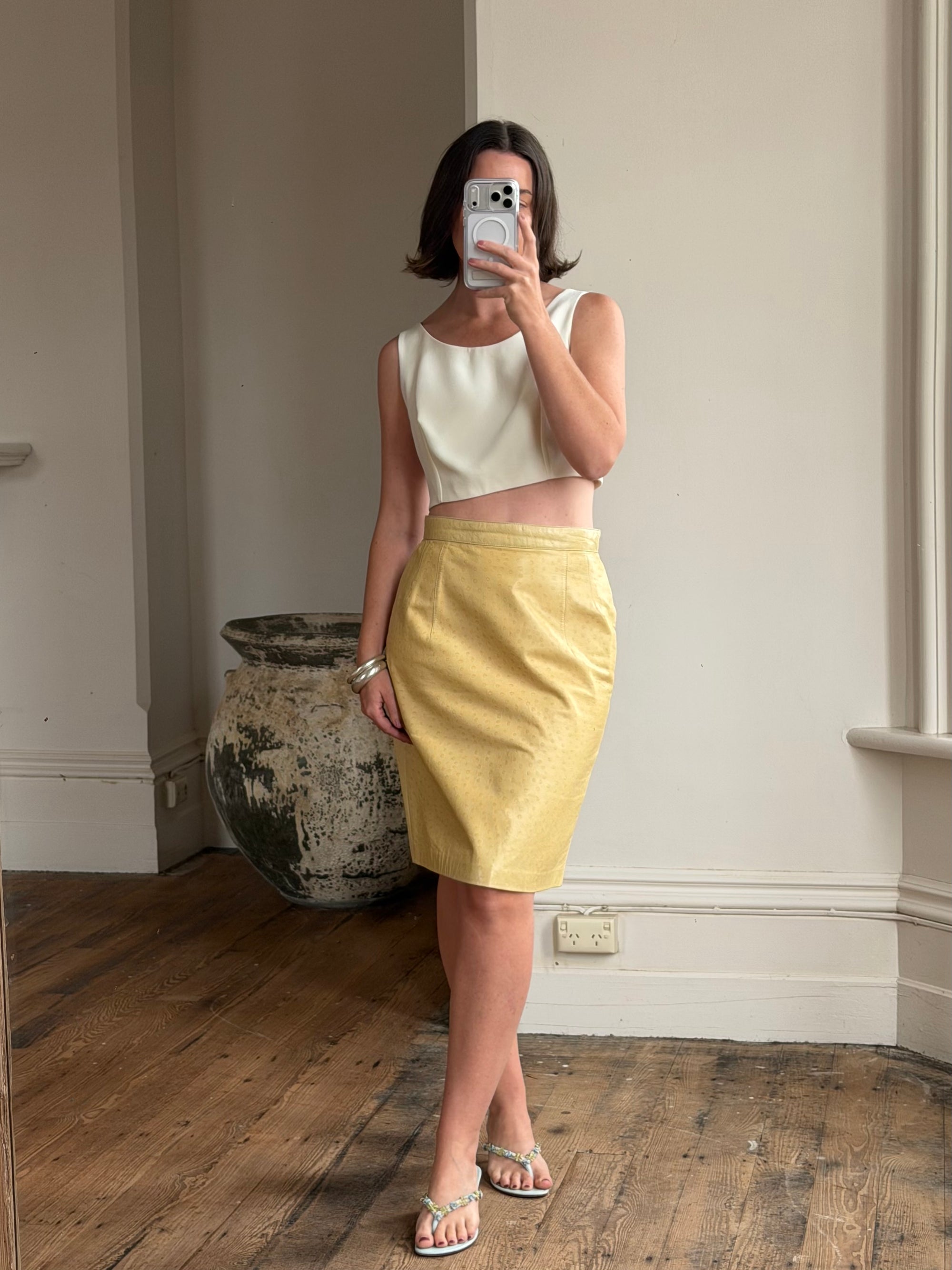 Vintage 90s Escada Butter Ostrich Leather Pencil Skirt
