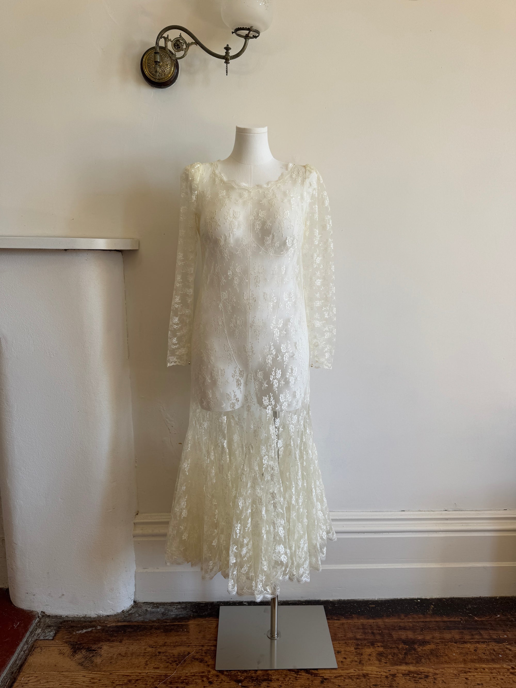 Vintage 80s Sheer Lace Fluted Wedding Dress
