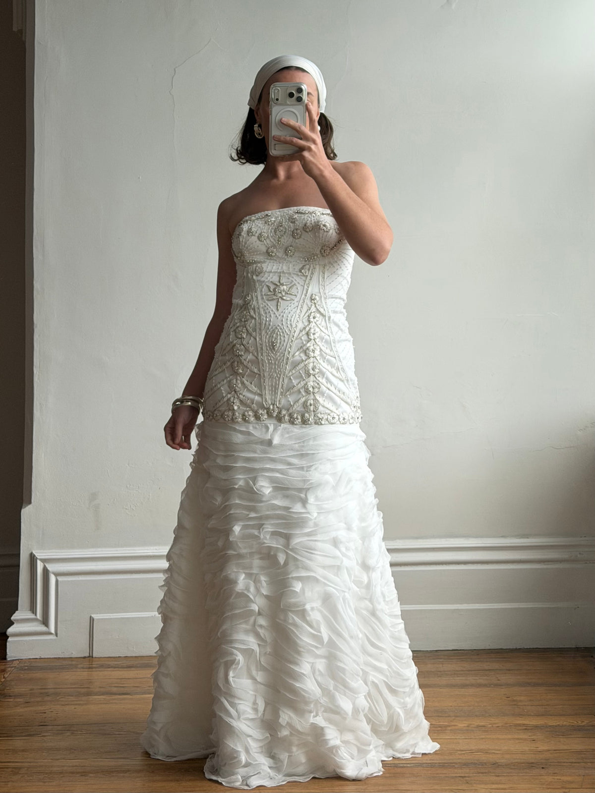 Vintage 90s Strapless Embellished Ruffled Wedding Gown