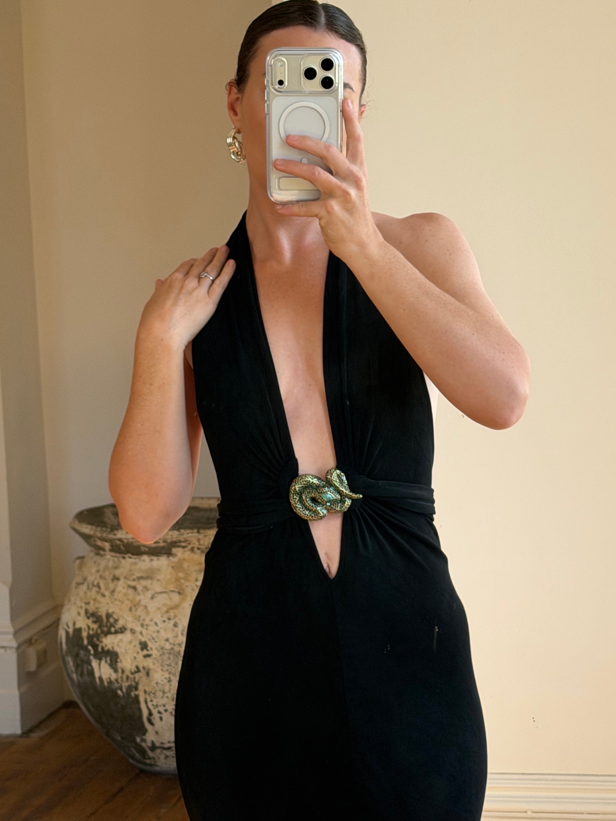 Vintage 90s Low Jersey Evening Dress Rhinestone Snake Noir