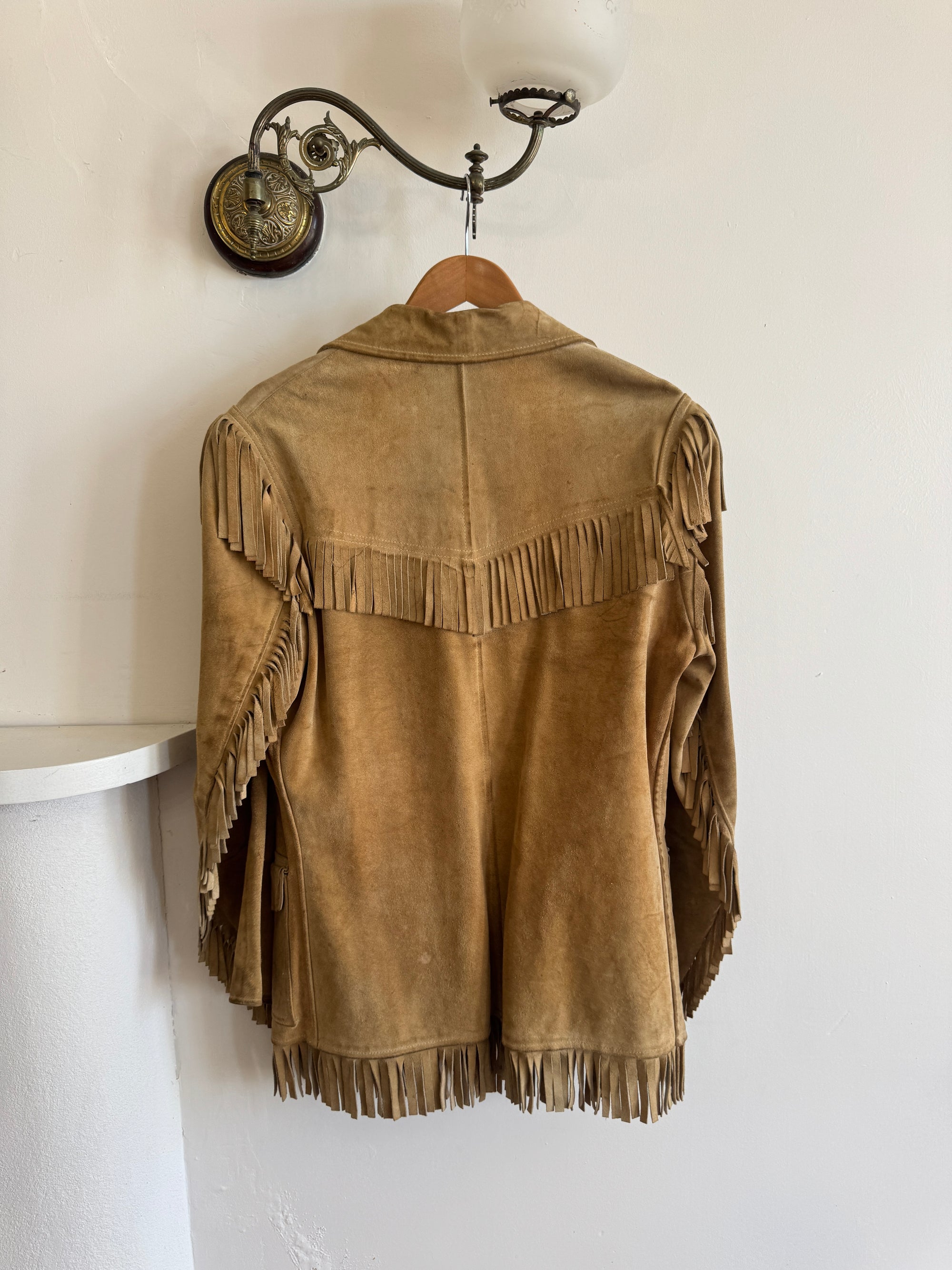 Vintage 70s Western Fringe Suede Leather Jacket Tan