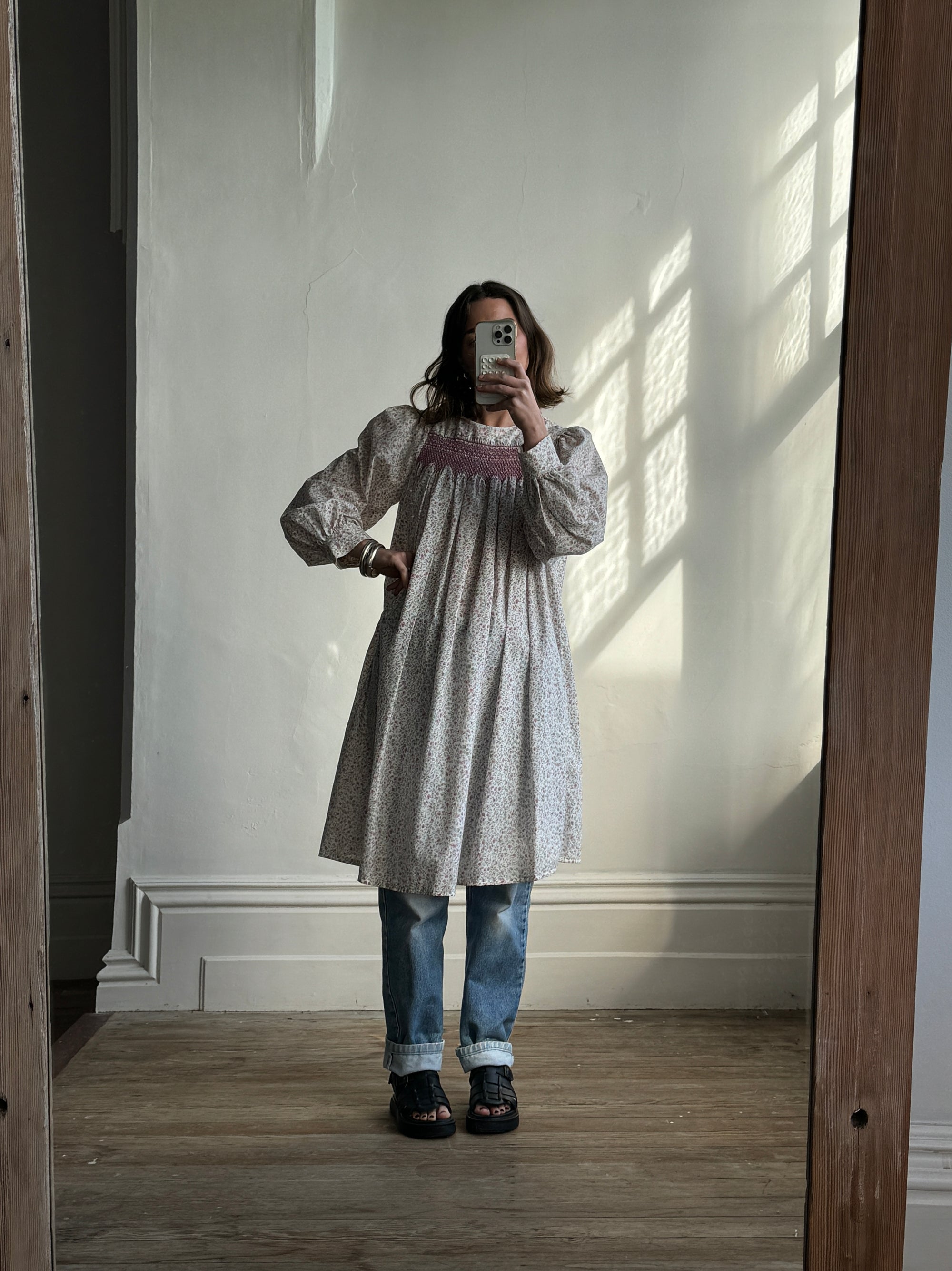 Vintage Shirred Smock Dress Petite Floral