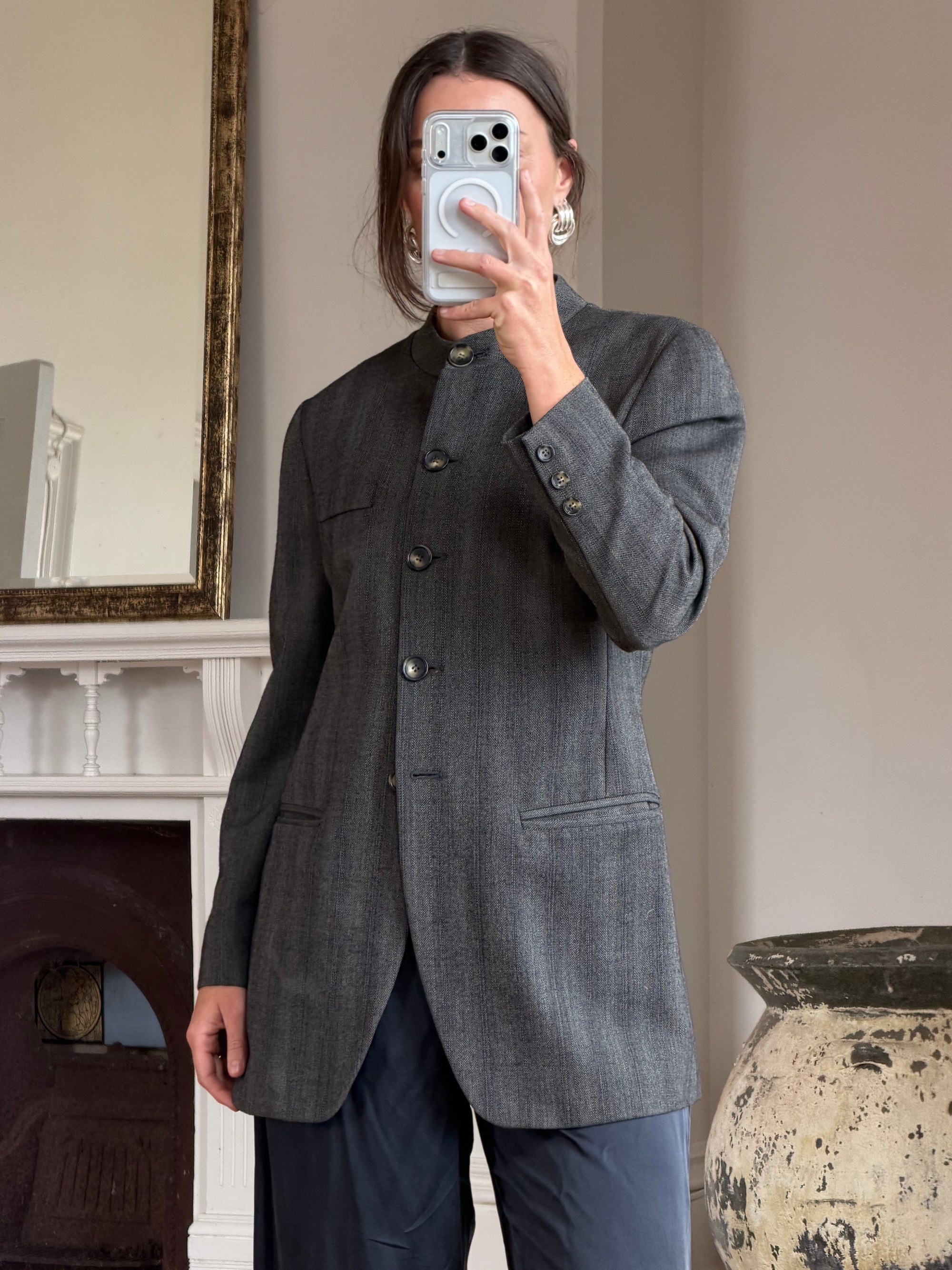 Vintage 90s Australian Made Mandarin Collar Wool Blazer Charcoal