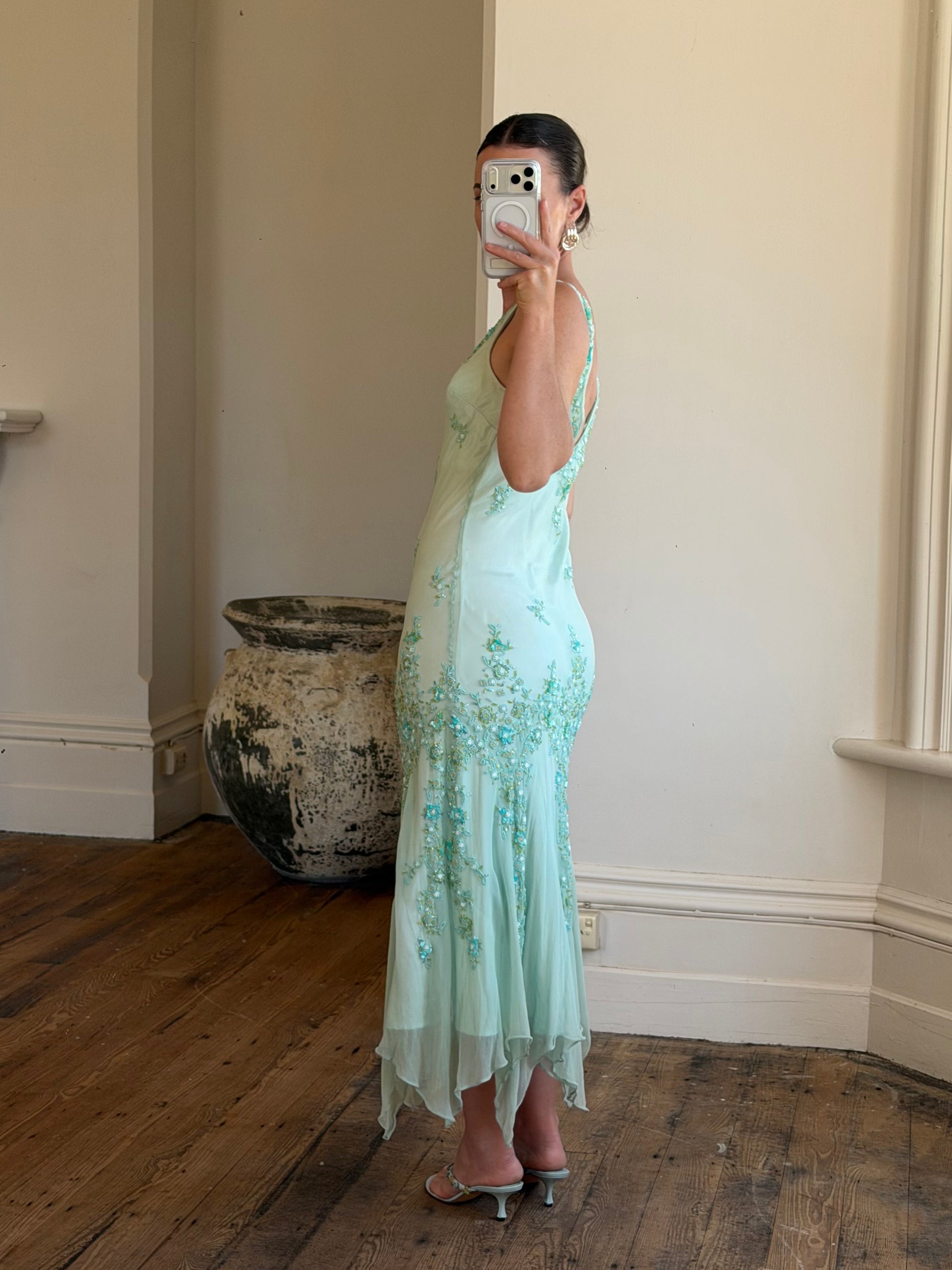 Vintage 90s Pure Silk Aquamarine Fairy Beaded Dress