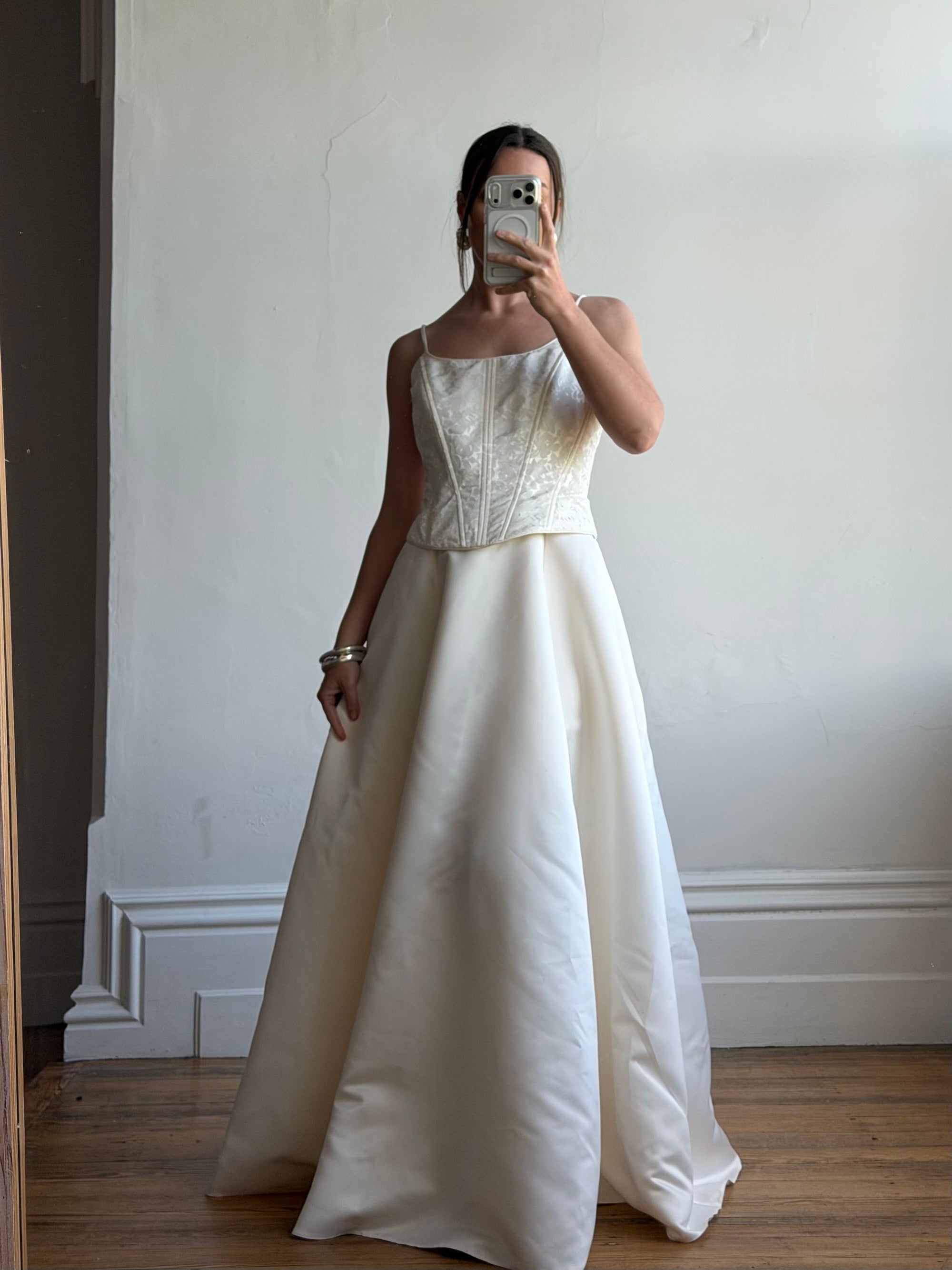 Vintage 90s Brocade Corset Satin Bridal Gown Champagne
