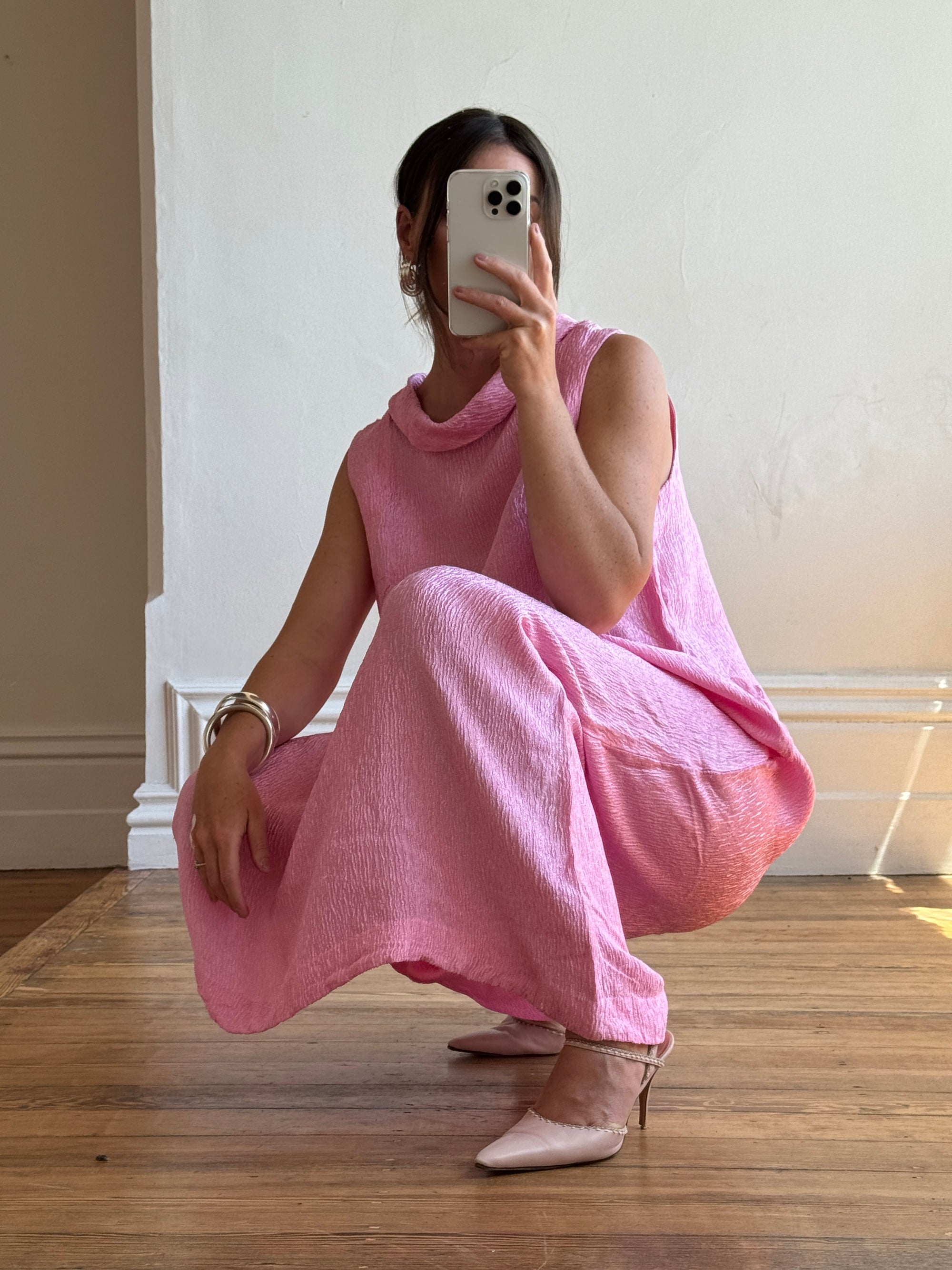 Vintage 80s Boat Neck Crinkle Dress Hot Pink