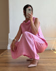 Vintage 80s Boat Neck Crinkle Dress Hot Pink