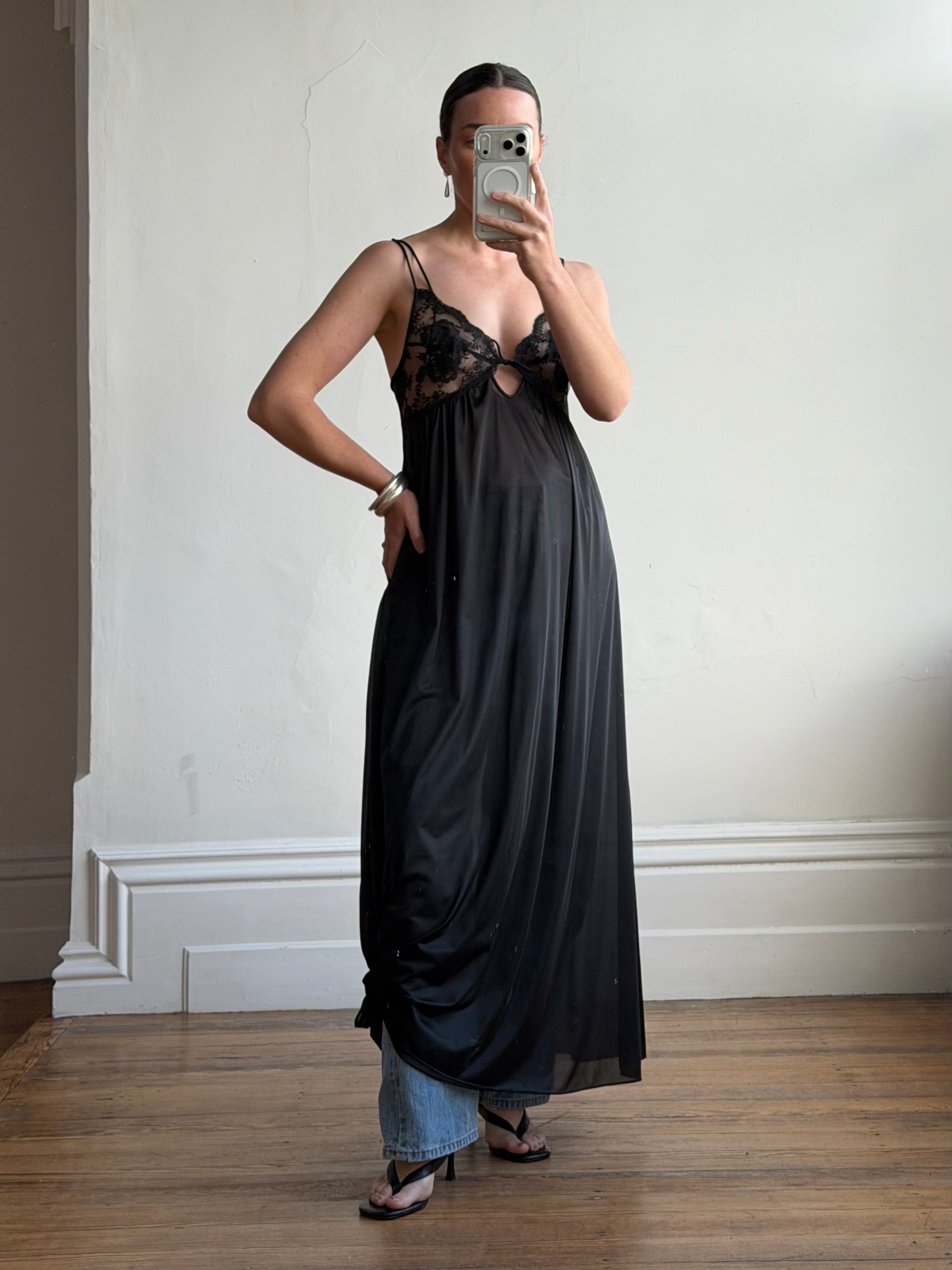 Vintage 80s Sheer Lace Slip Dress Noir