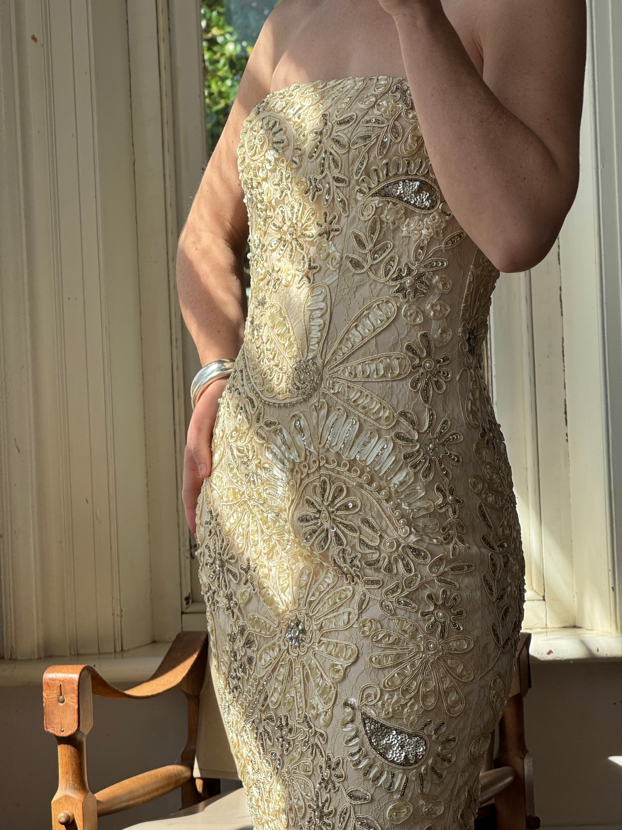 Vintage 90s Strapless Cream Ribbon Bead Embroidered Midi