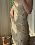 Vintage 90s Strapless Cream Ribbon Bead Embroidered Midi