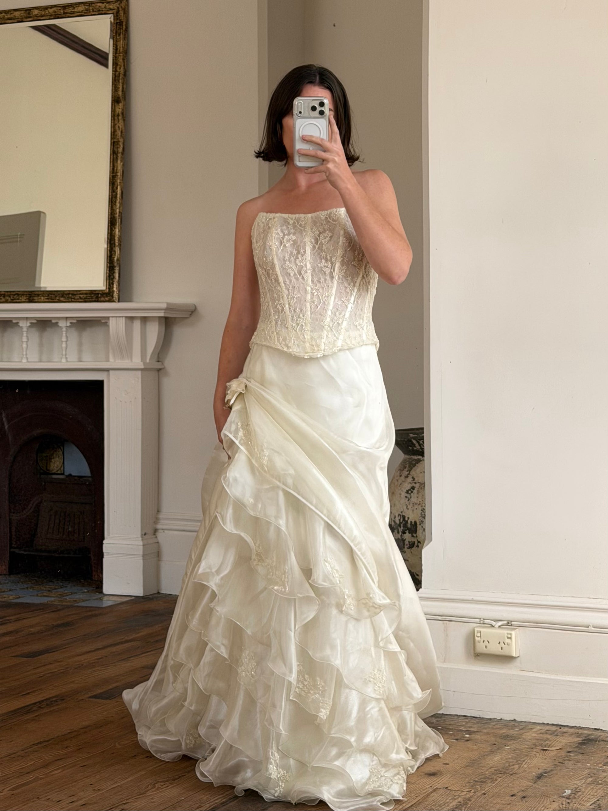 Vintage 90s Italian Sequin Bustier and Ruffle Skirt Bridal Set