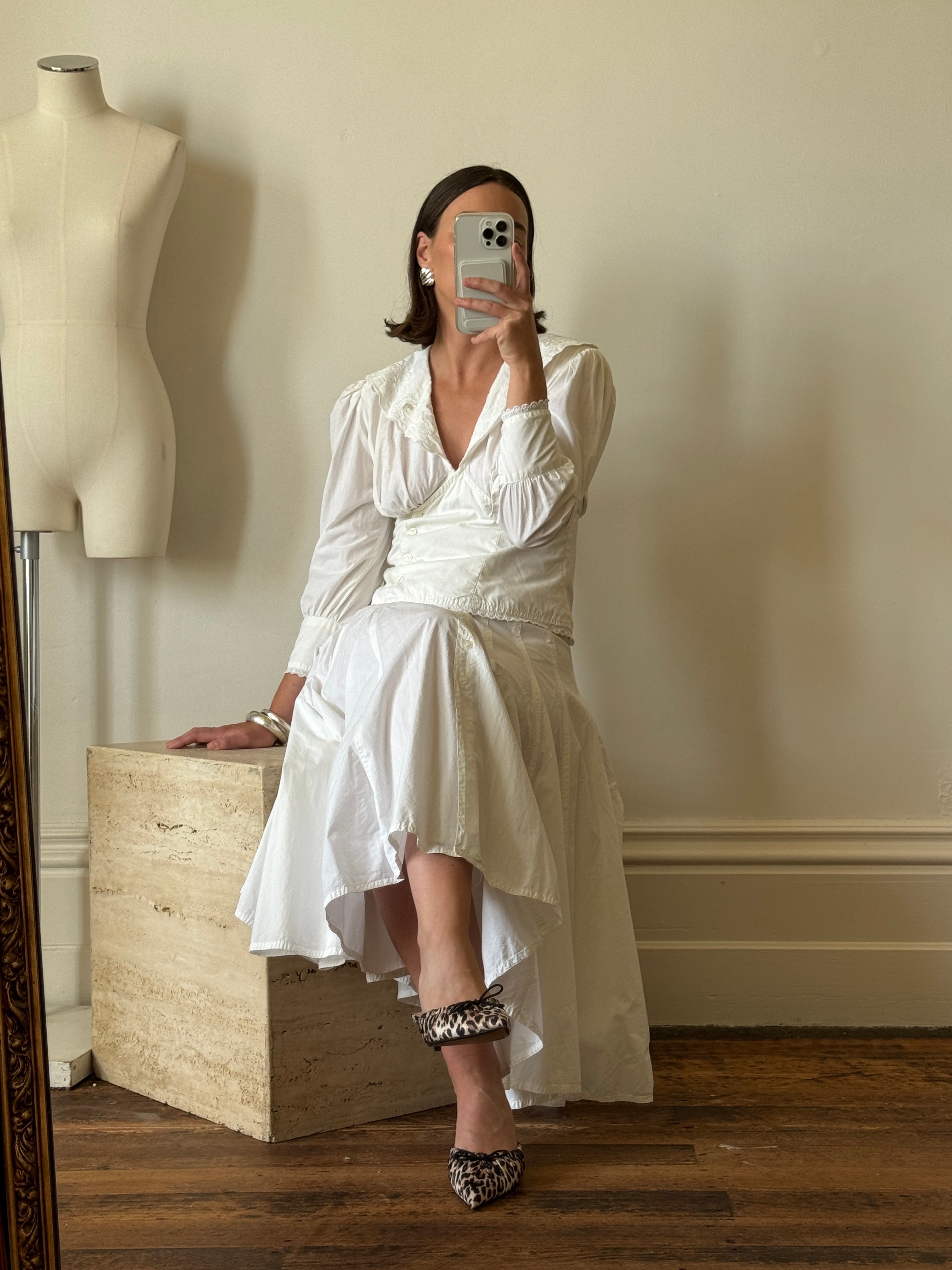 Vintage 80s Cotton Prairie Blouse and A Line Skirt Set