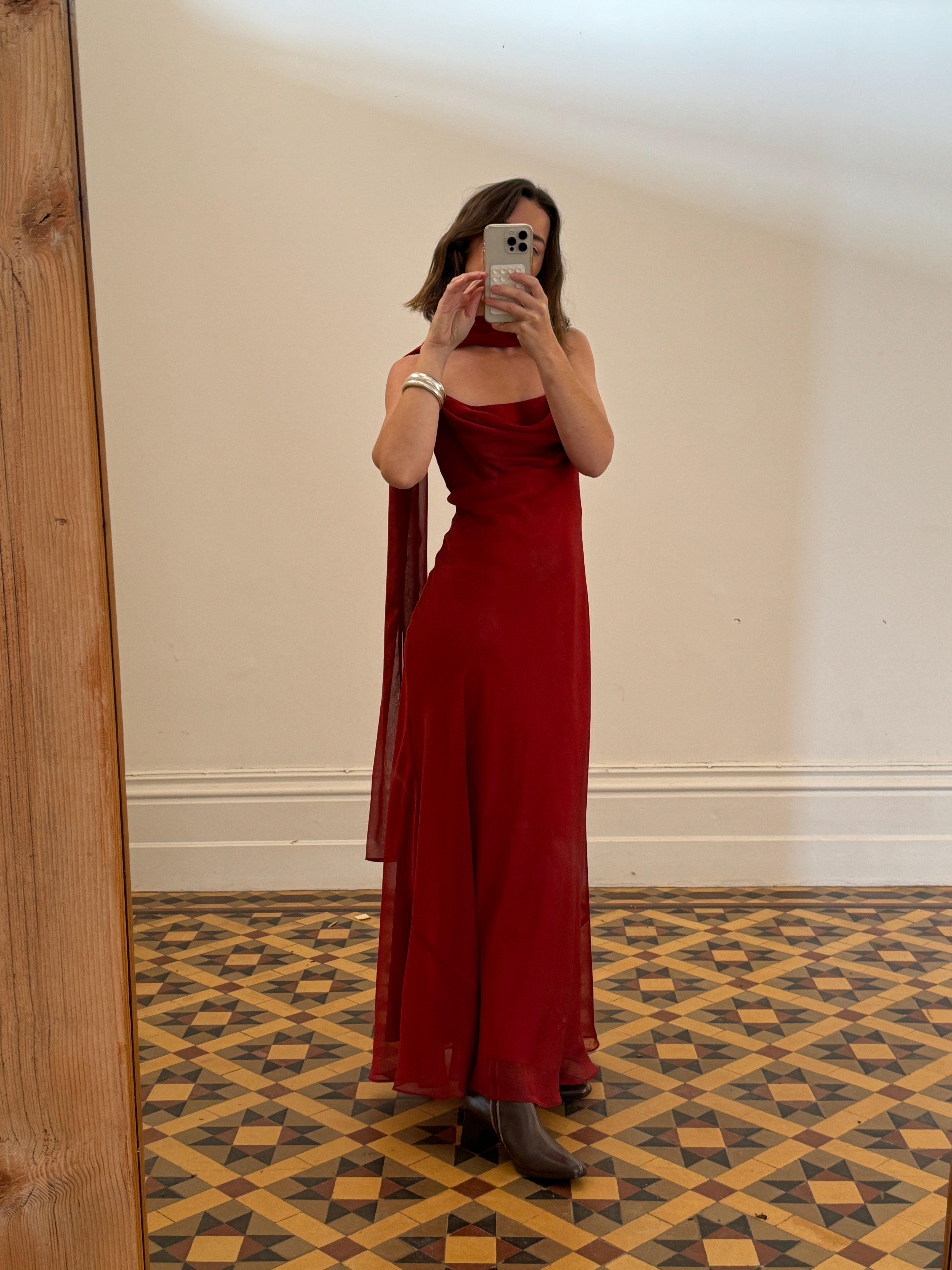 Vintage 90s Red Slip Dress with Skinny Scarf