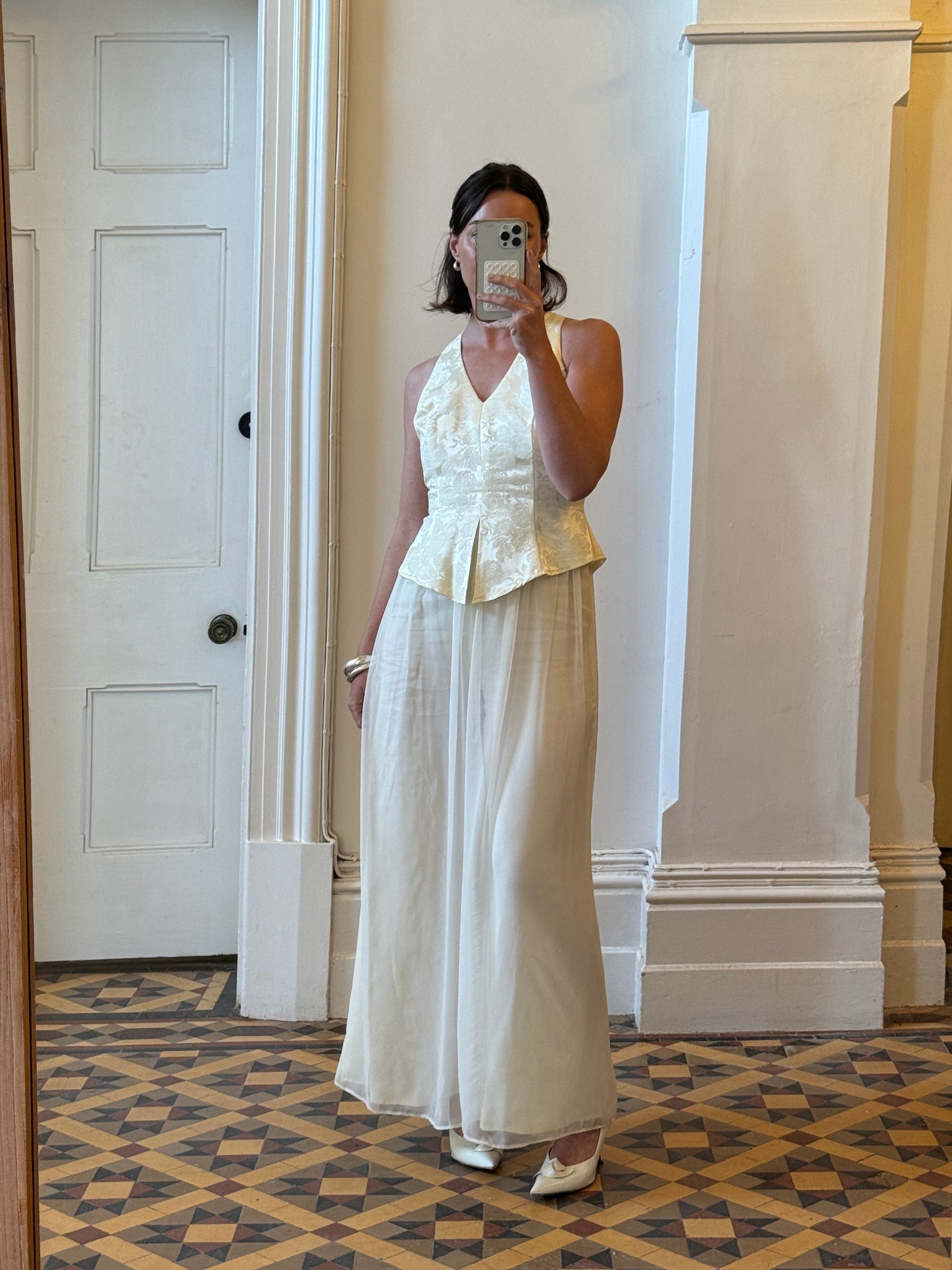 Vintage 80s Jacquard and Chiffon Bridal Pantsuit