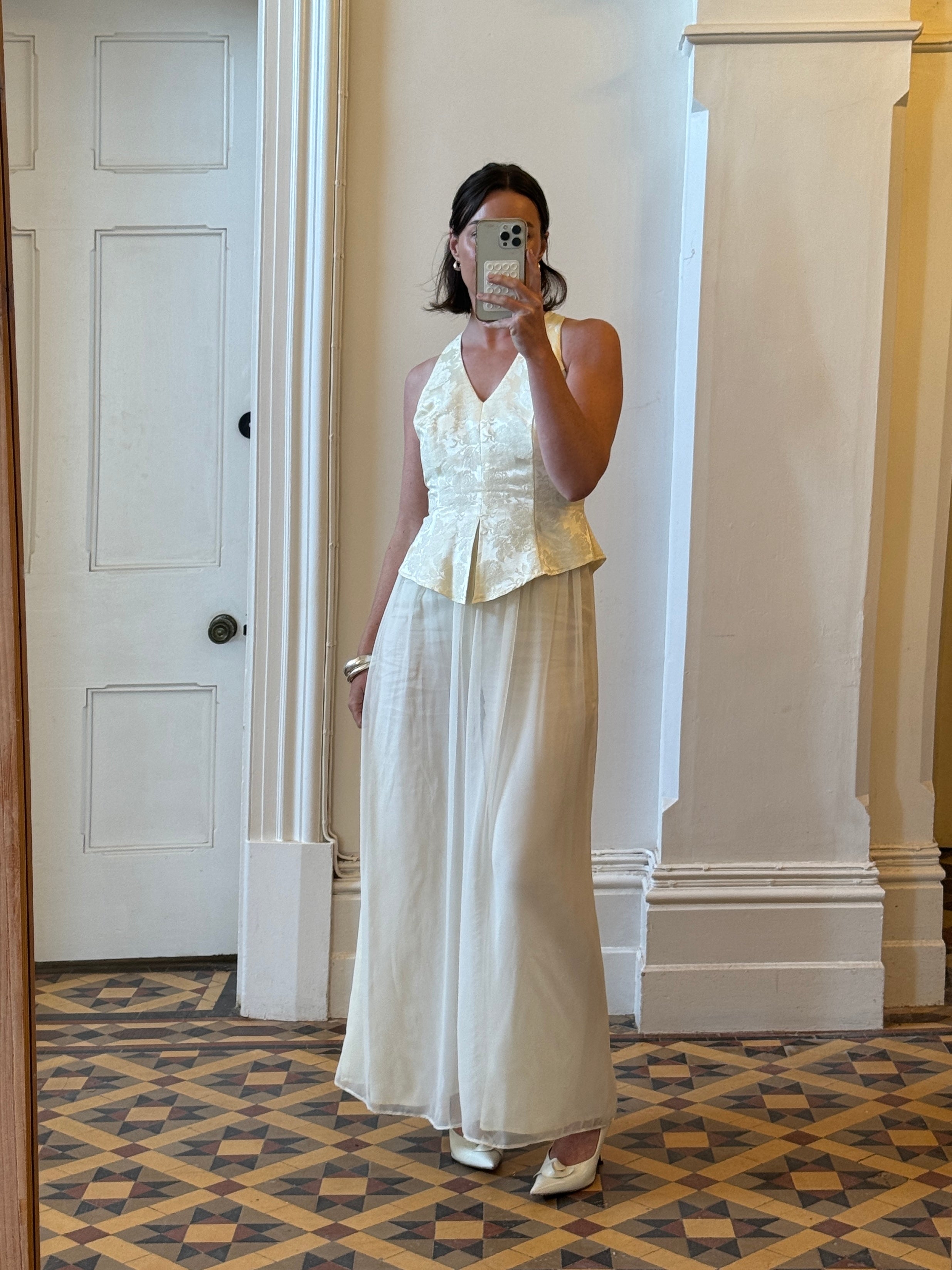 Vintage 80s Jacquard and Chiffon Bridal Pantsuit