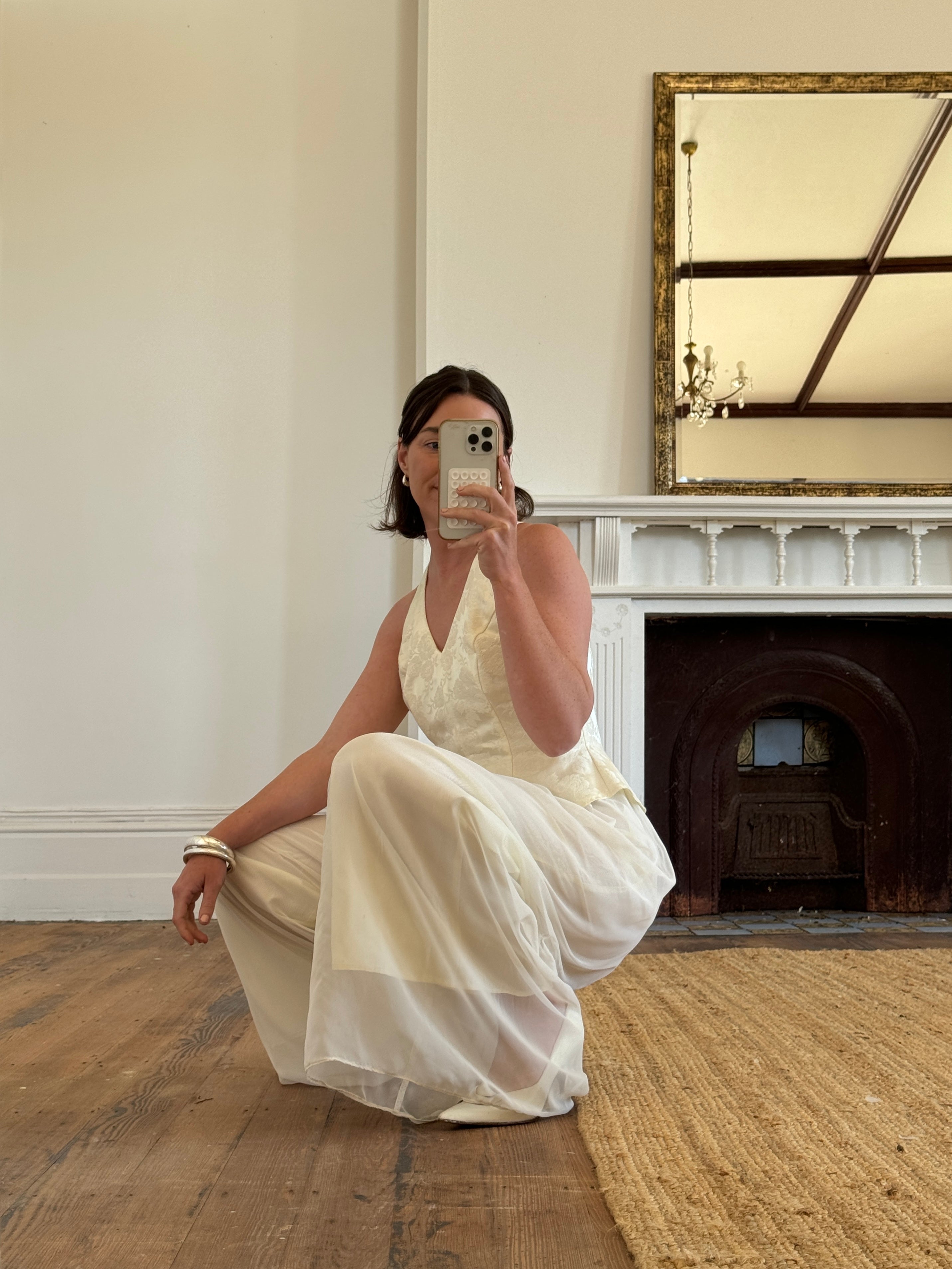 Vintage 80s Jacquard and Chiffon Bridal Pantsuit