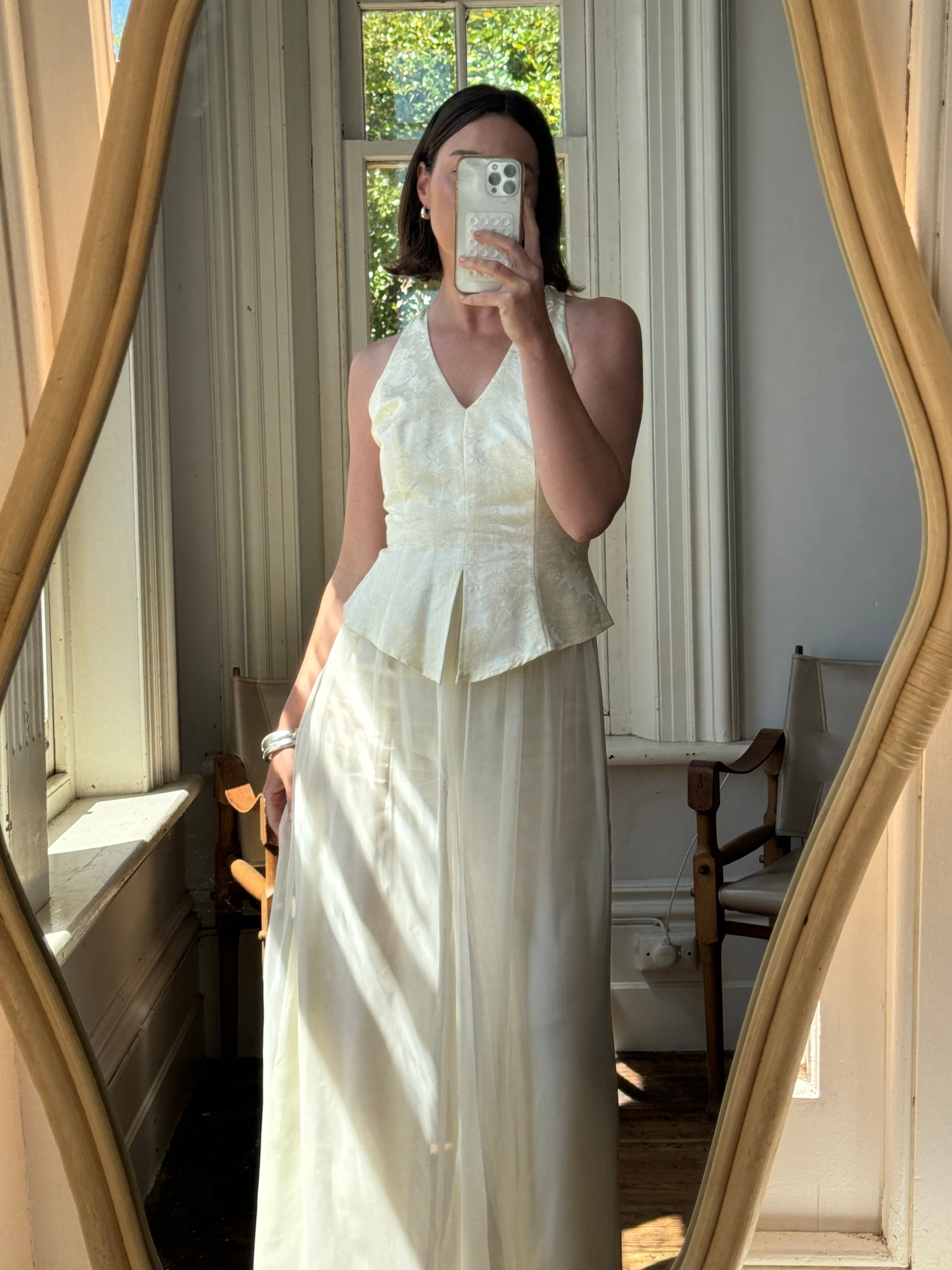 Vintage 80s Jacquard and Chiffon Bridal Pantsuit
