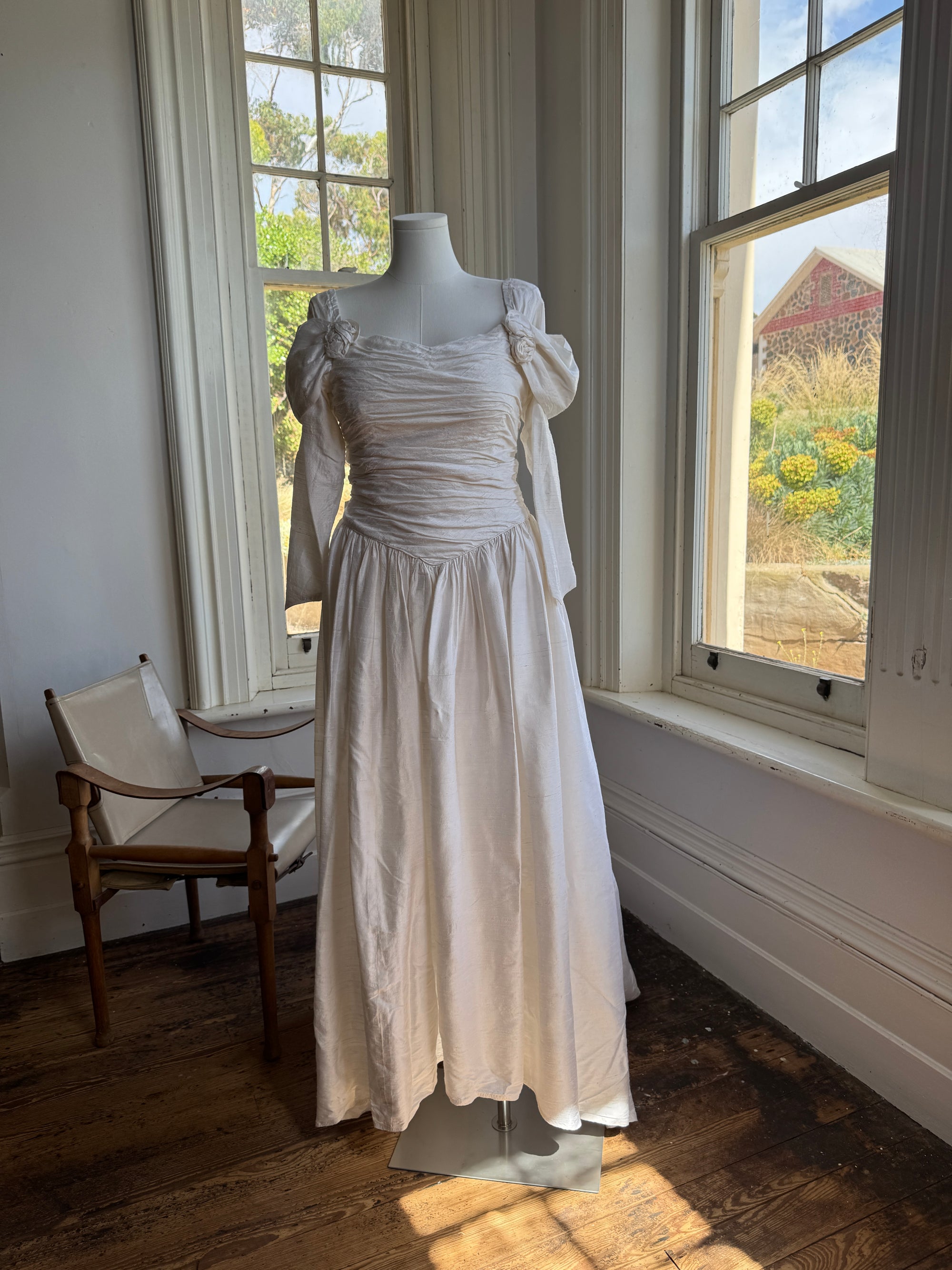 Vintage 90s Pure Silk Rosette Off Shoulder Wedding Gown