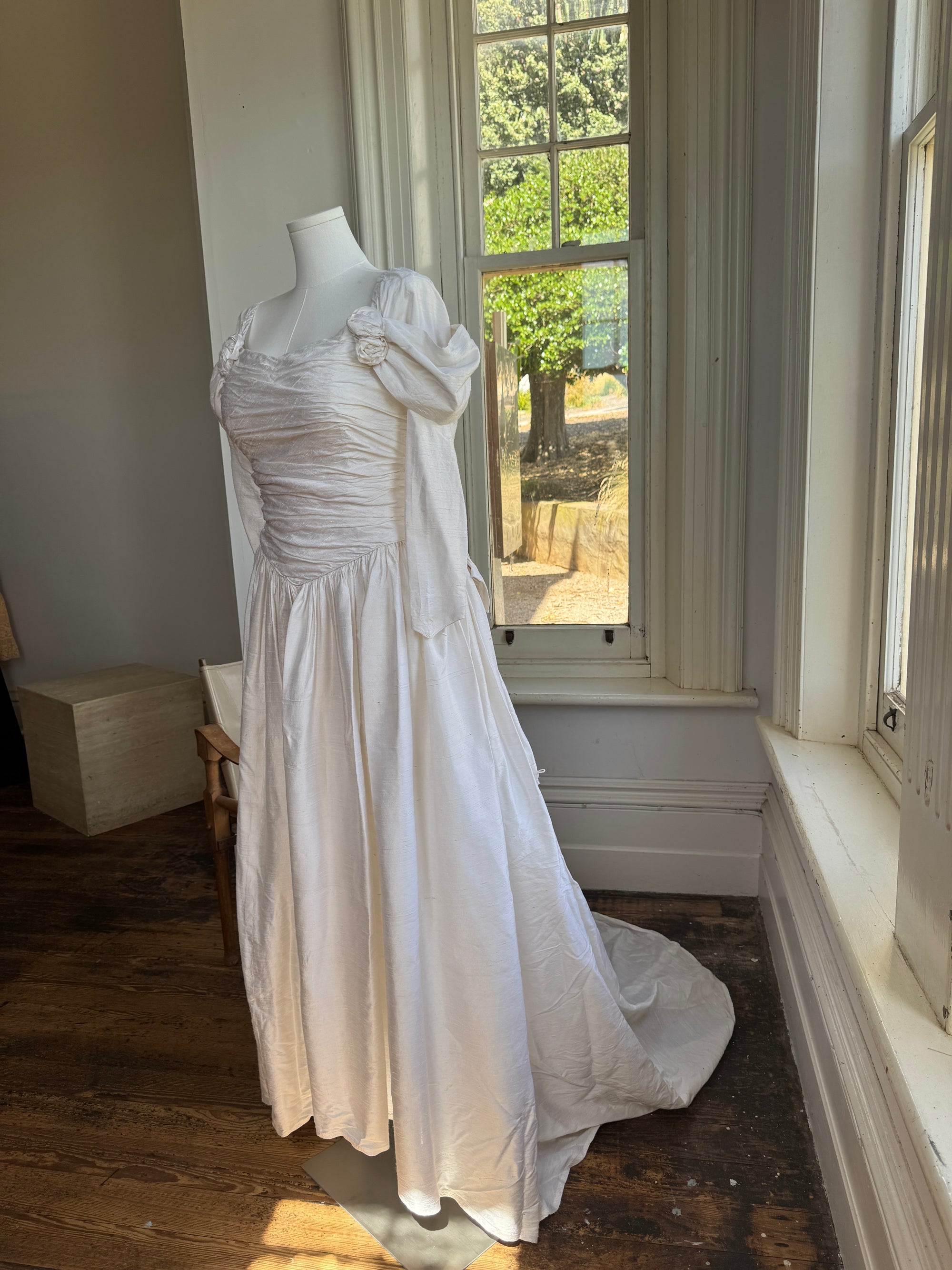Vintage 90s Pure Silk Rosette Off Shoulder Wedding Gown