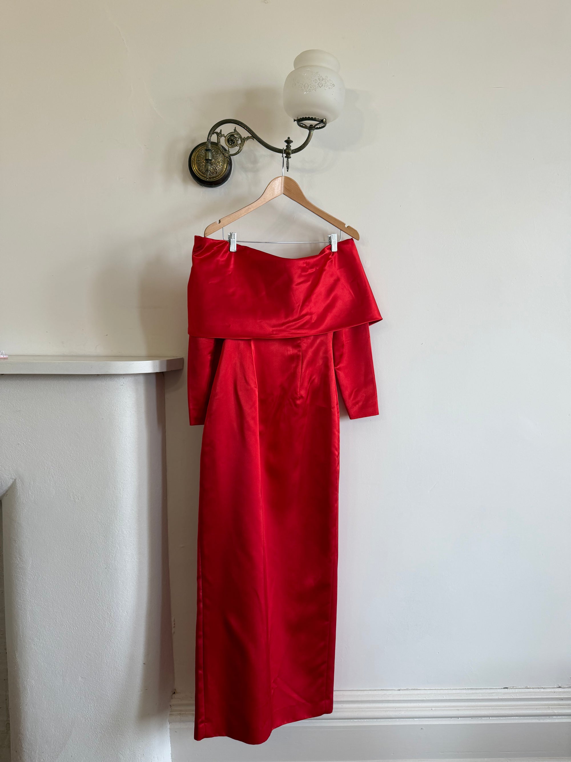 Vintage 90s Satin Off Shoulder Gown Red