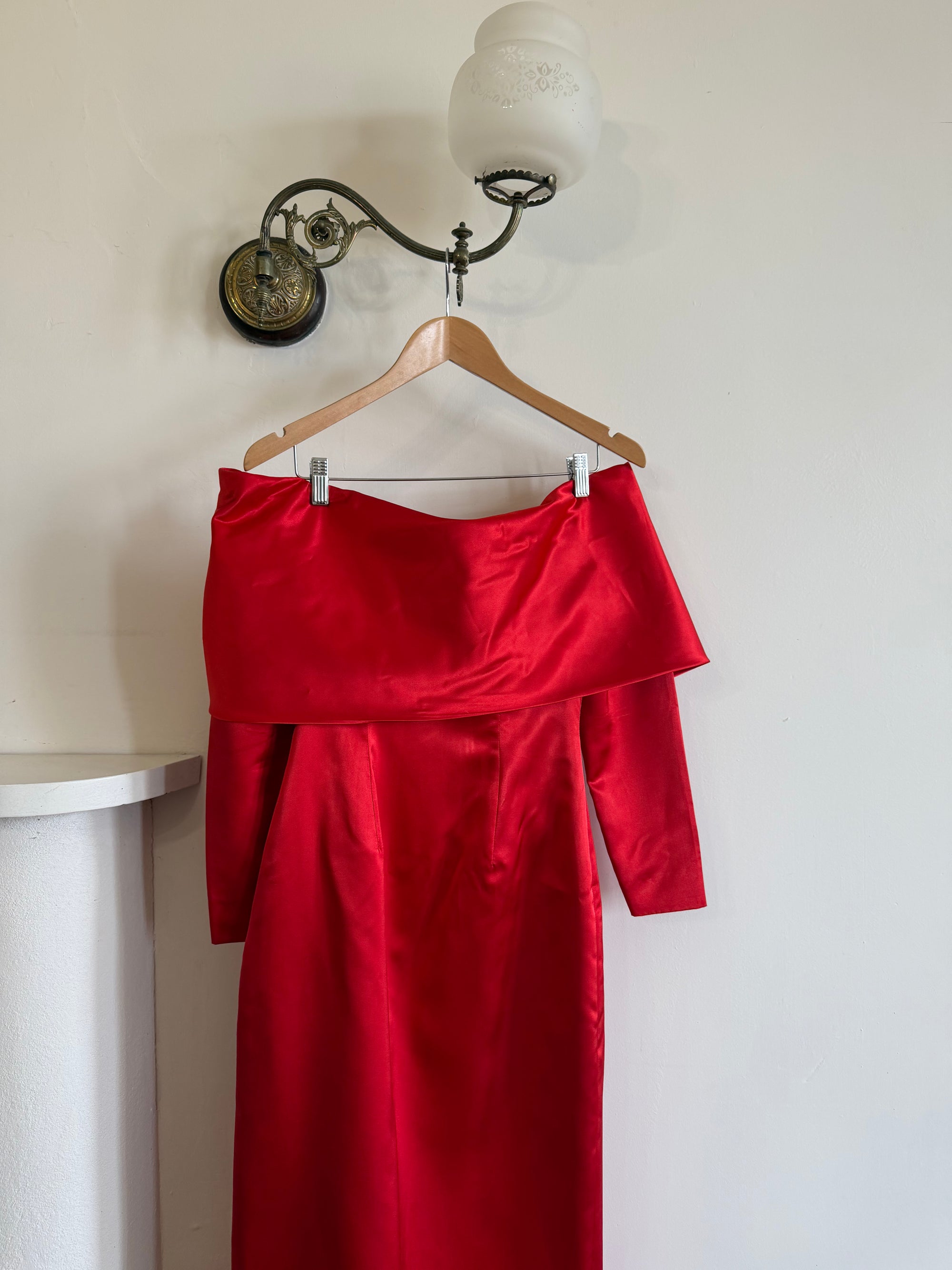 Vintage 90s Satin Off Shoulder Gown Red