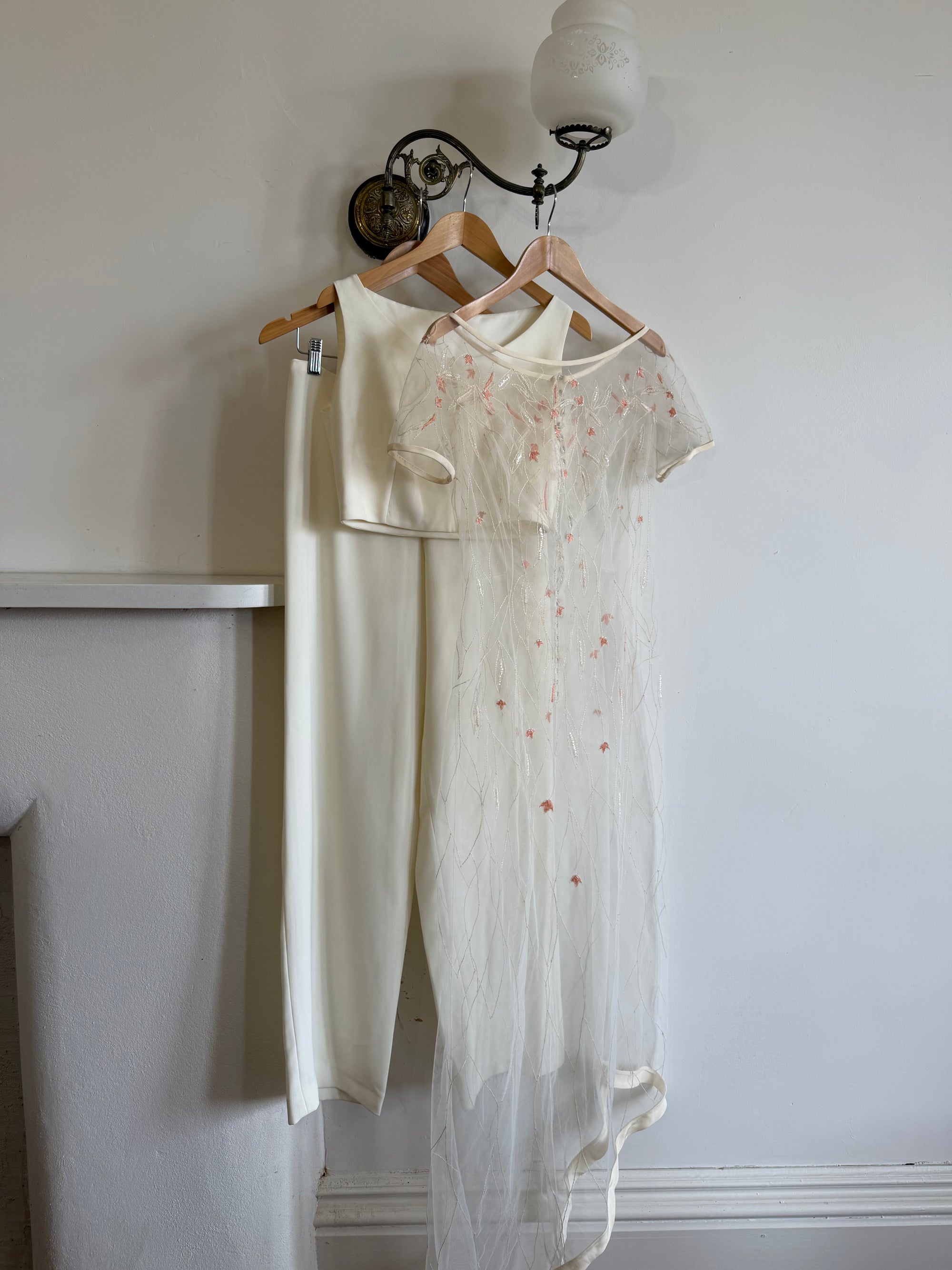 Vintage 90s Italian Sheer Embroidered Tulle 3 Piece Bridal Set