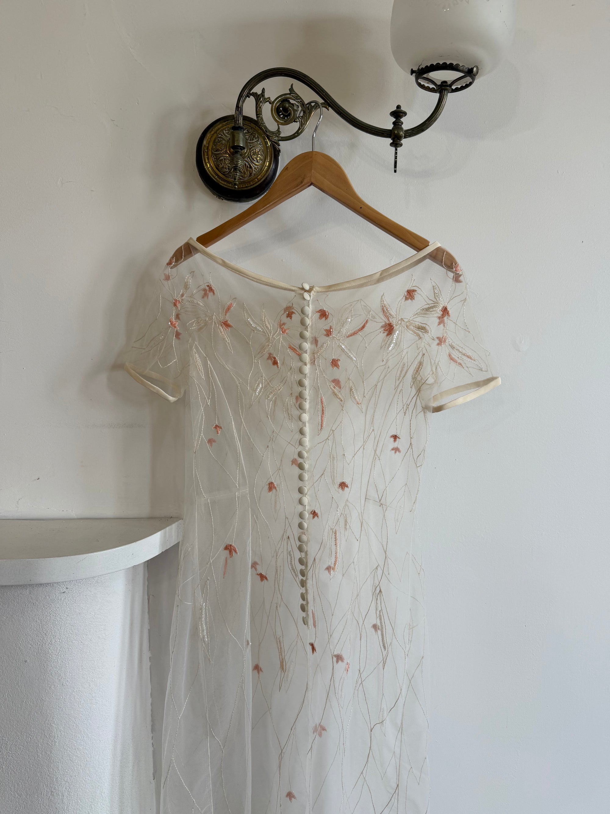 Vintage 90s Italian Sheer Embroidered Tulle 3 Piece Bridal Set