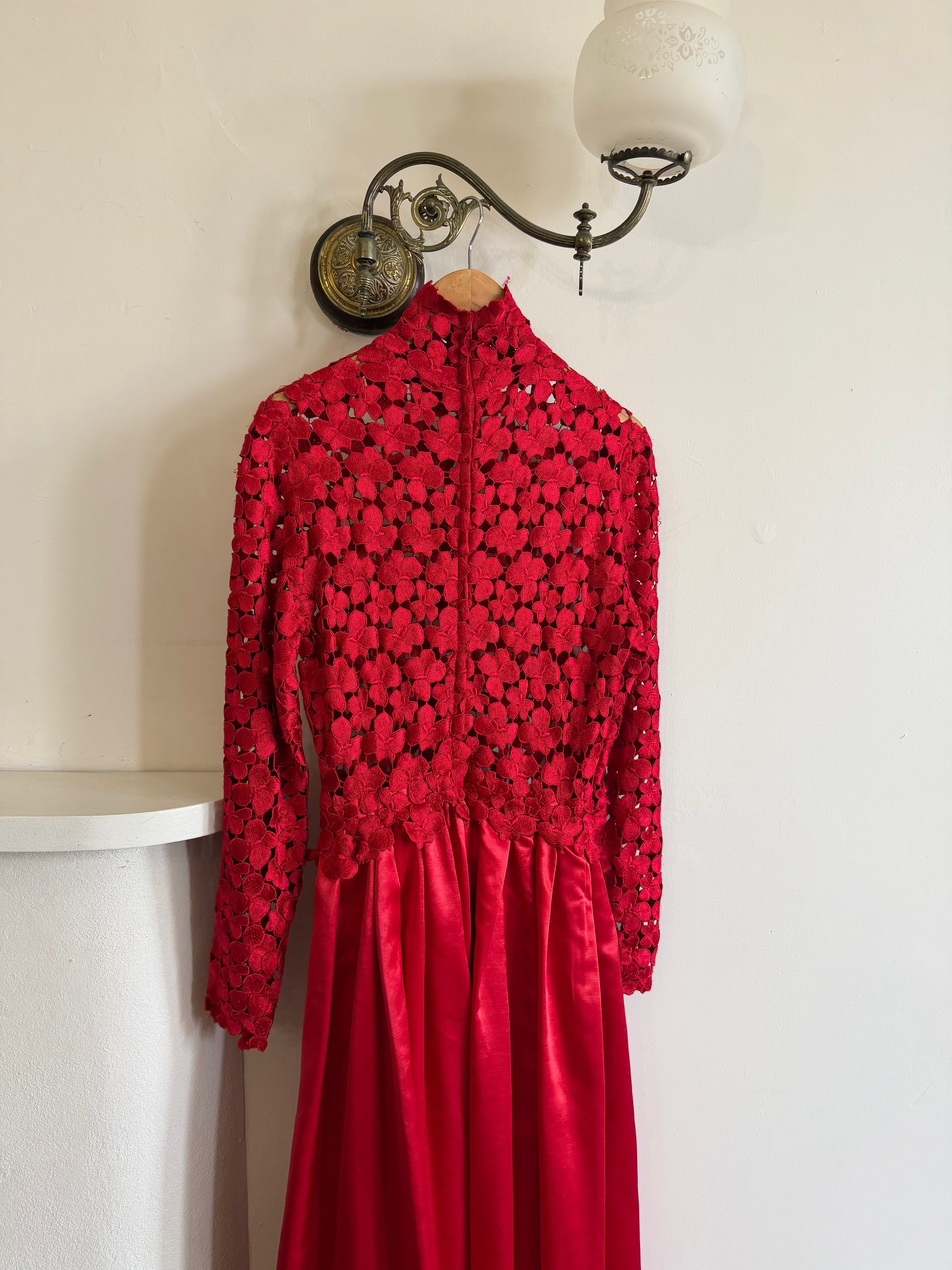 Vintage 90s High Floral Satin Gown Red