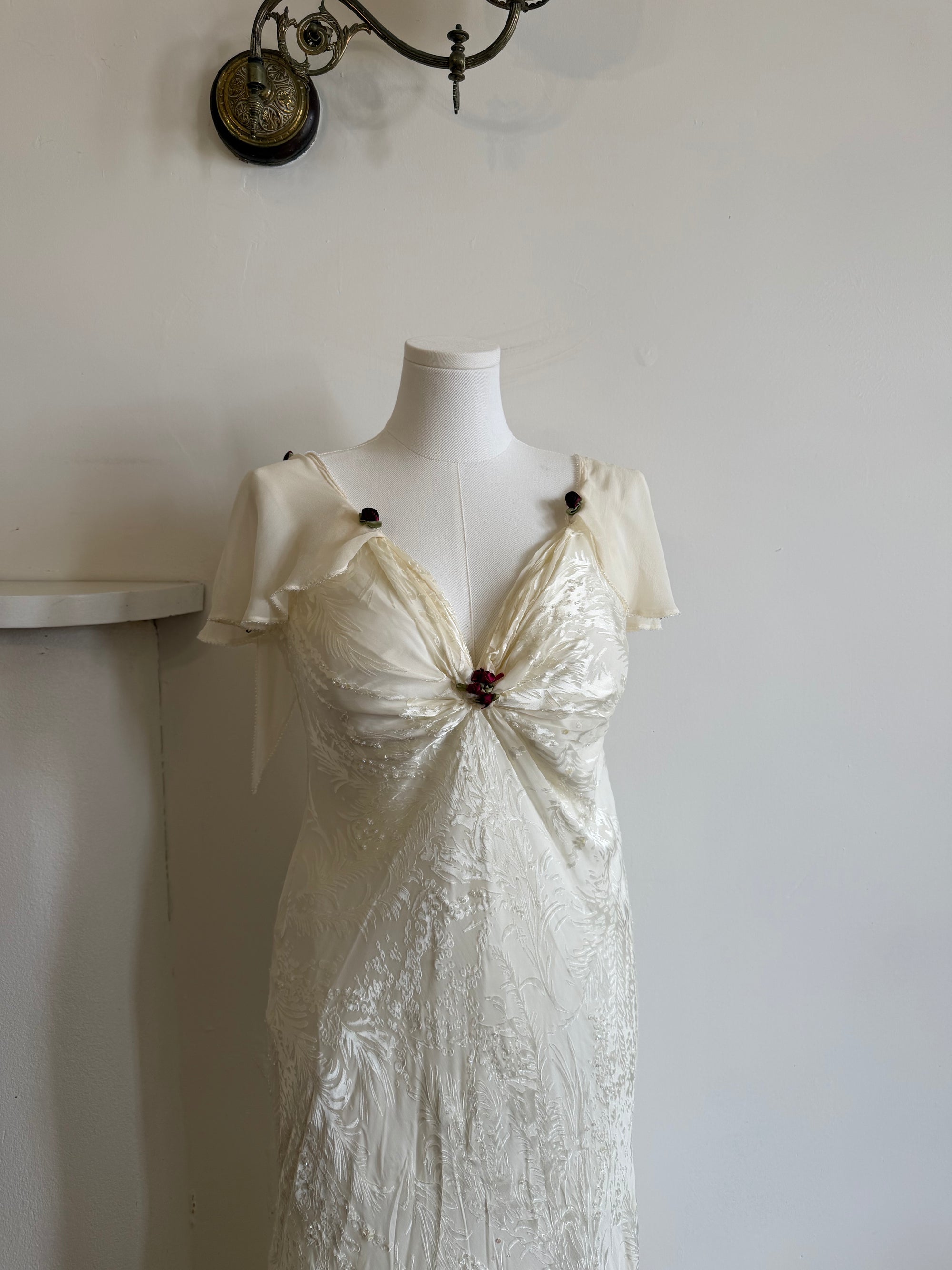 Vintage 90s Silk Jacquard Petite Rose Wedding Dress