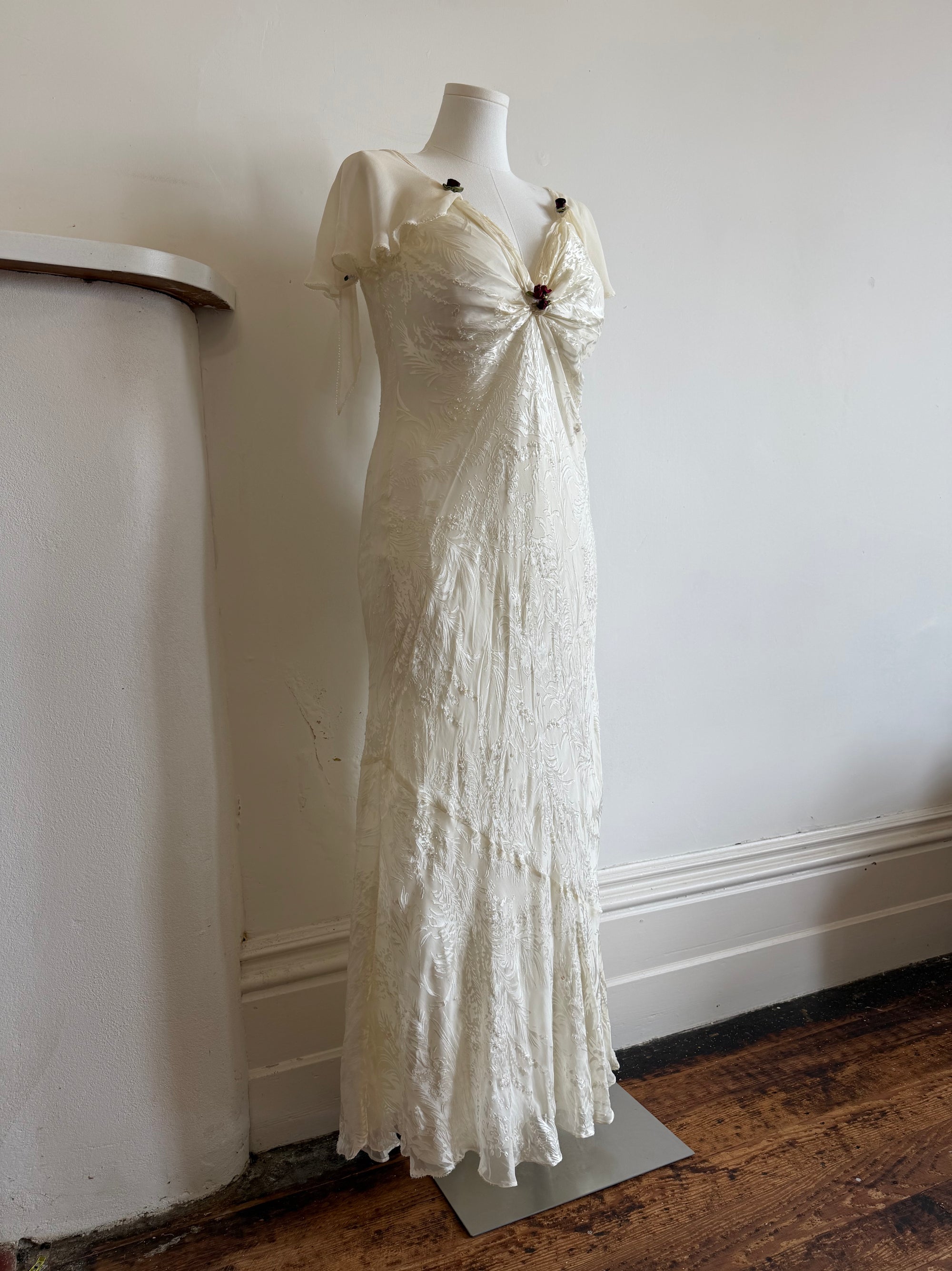 Vintage 90s Silk Jacquard Petite Rose Wedding Dress