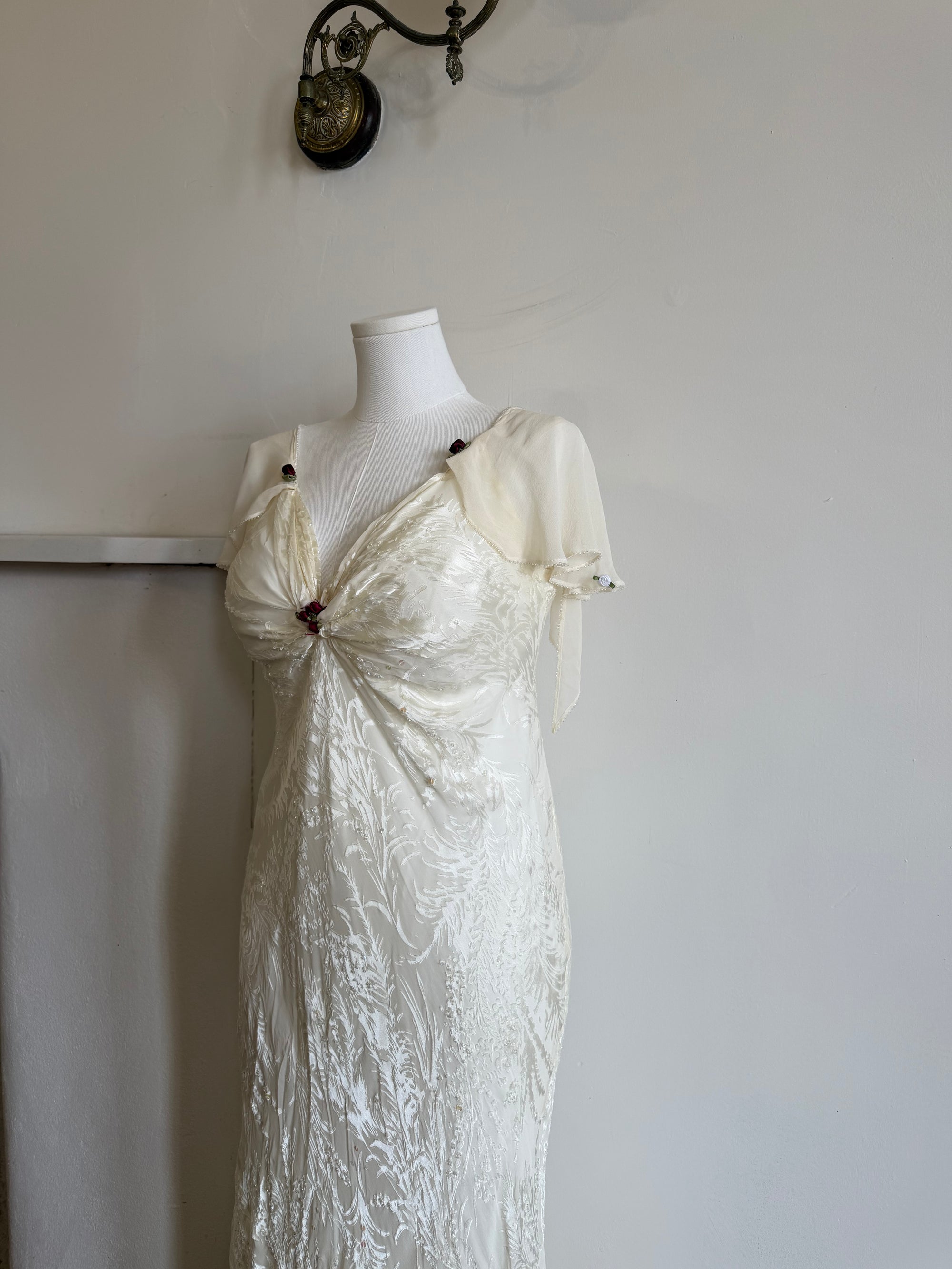Vintage 90s Silk Jacquard Petite Rose Wedding Dress
