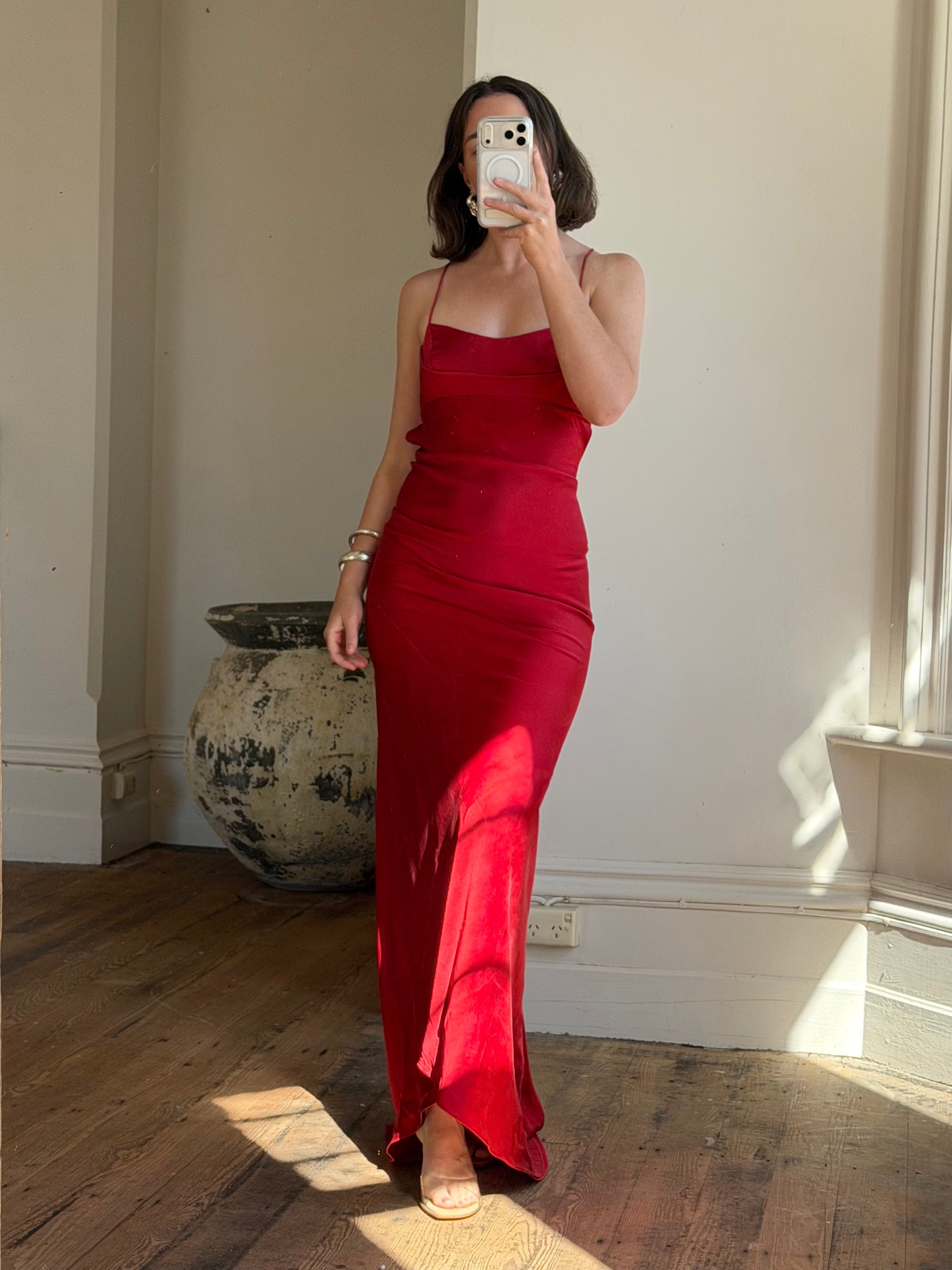 Vintage 90s Pure Silk Scarlet Bias Cut Gown