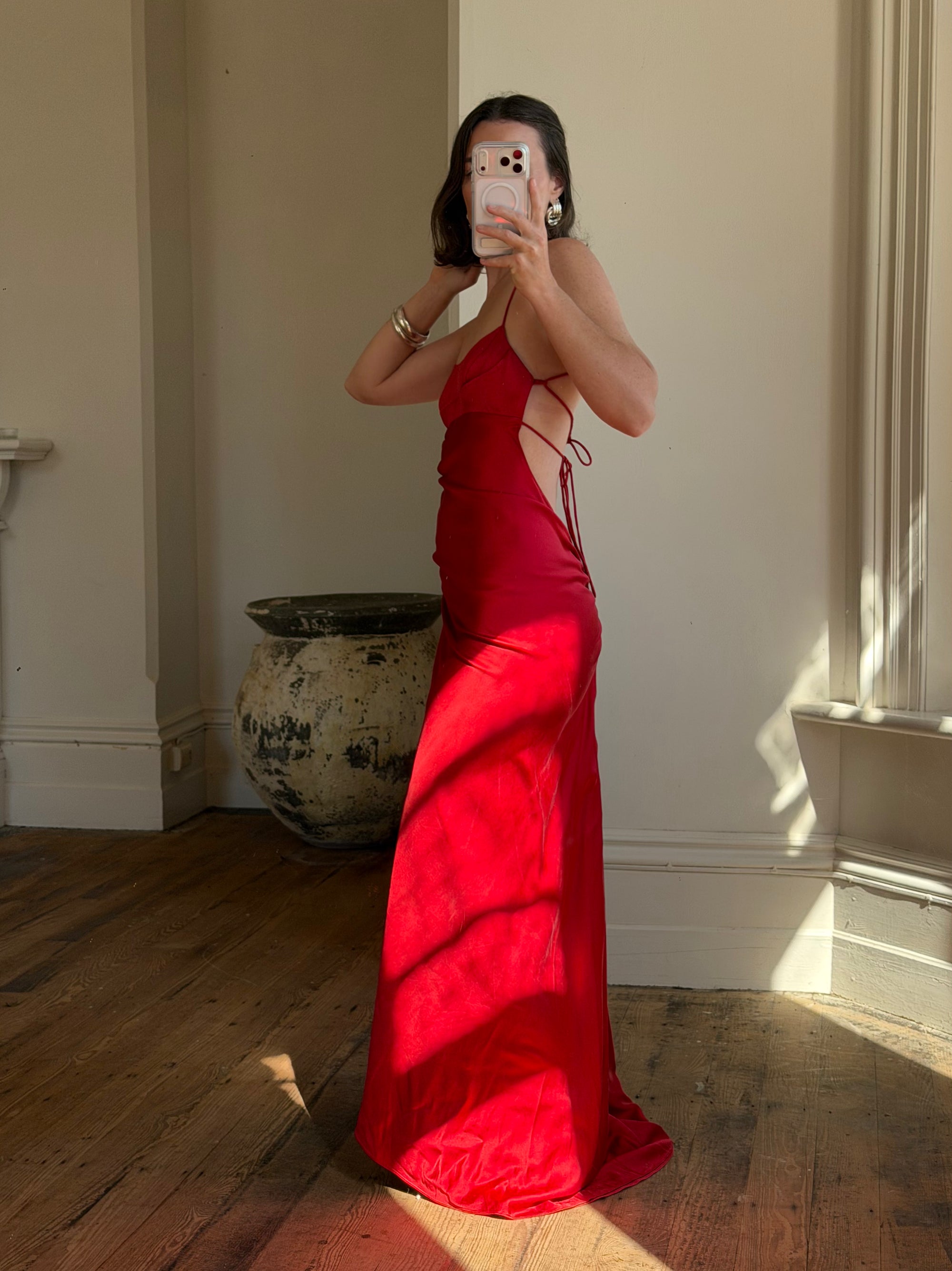 Vintage 90s Pure Silk Scarlet Bias Cut Gown