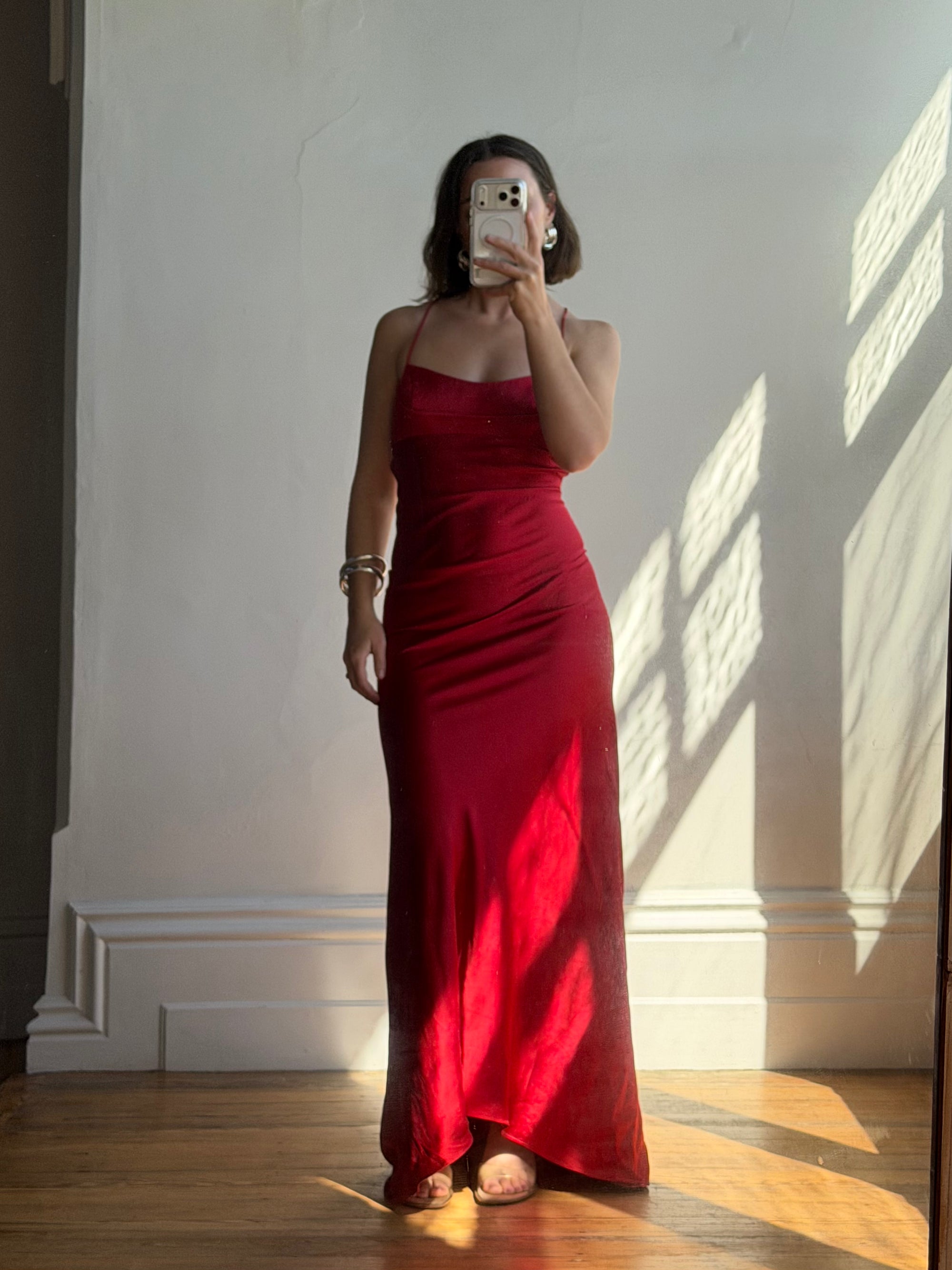 Vintage 90s Pure Silk Scarlet Bias Cut Gown