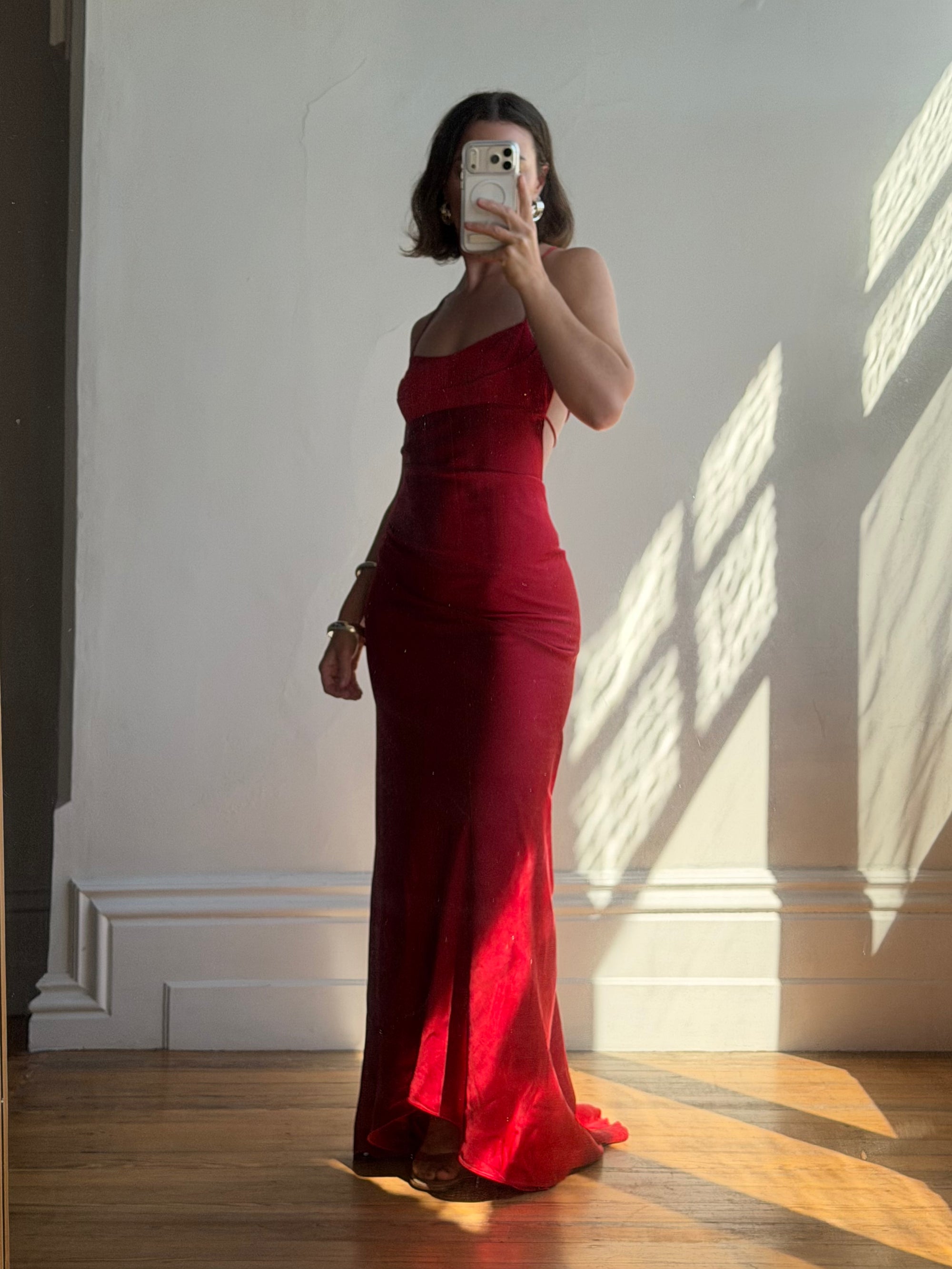 Vintage 90s Pure Silk Scarlet Bias Cut Gown