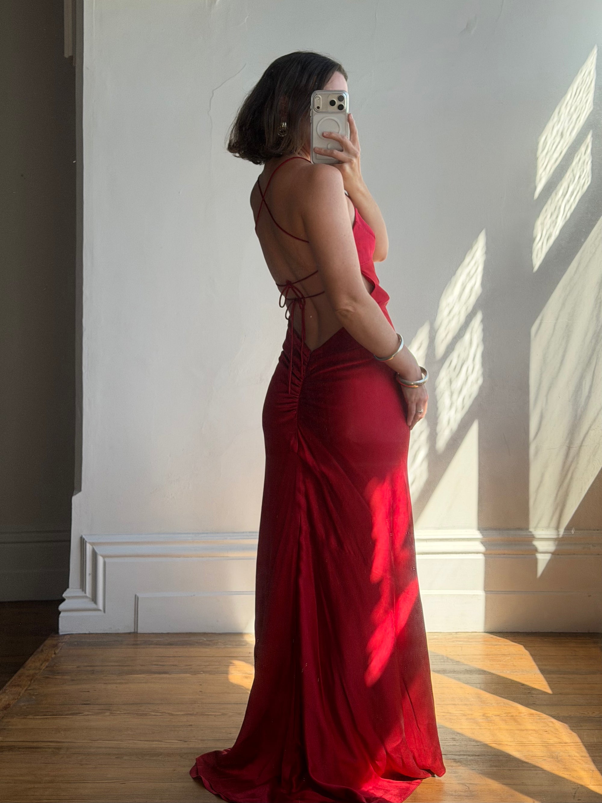 Vintage 90s Pure Silk Scarlet Bias Cut Gown