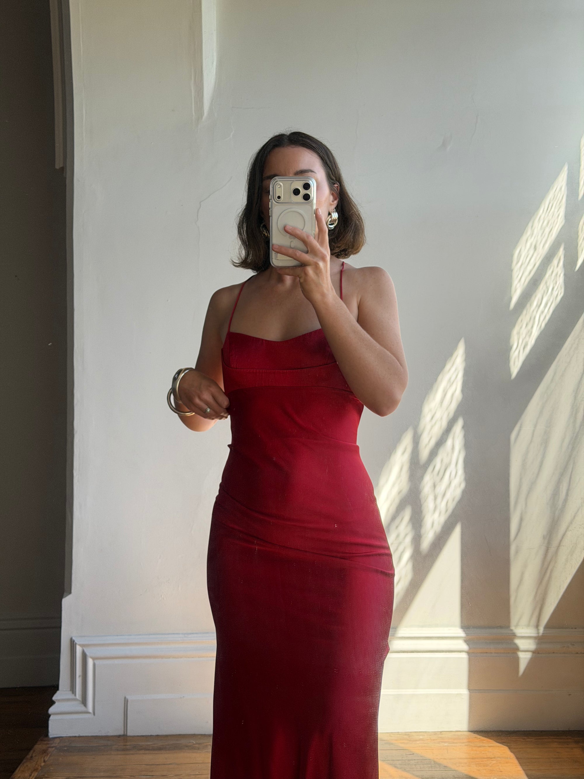 Vintage 90s Pure Silk Scarlet Bias Cut Gown