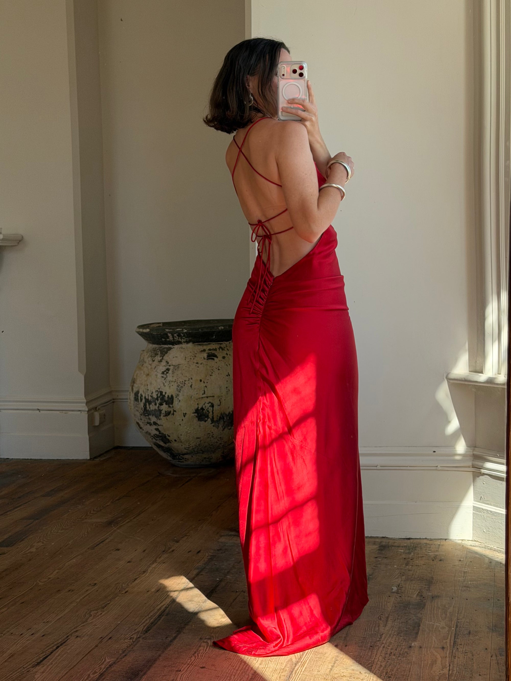 Vintage 90s Pure Silk Scarlet Bias Cut Gown