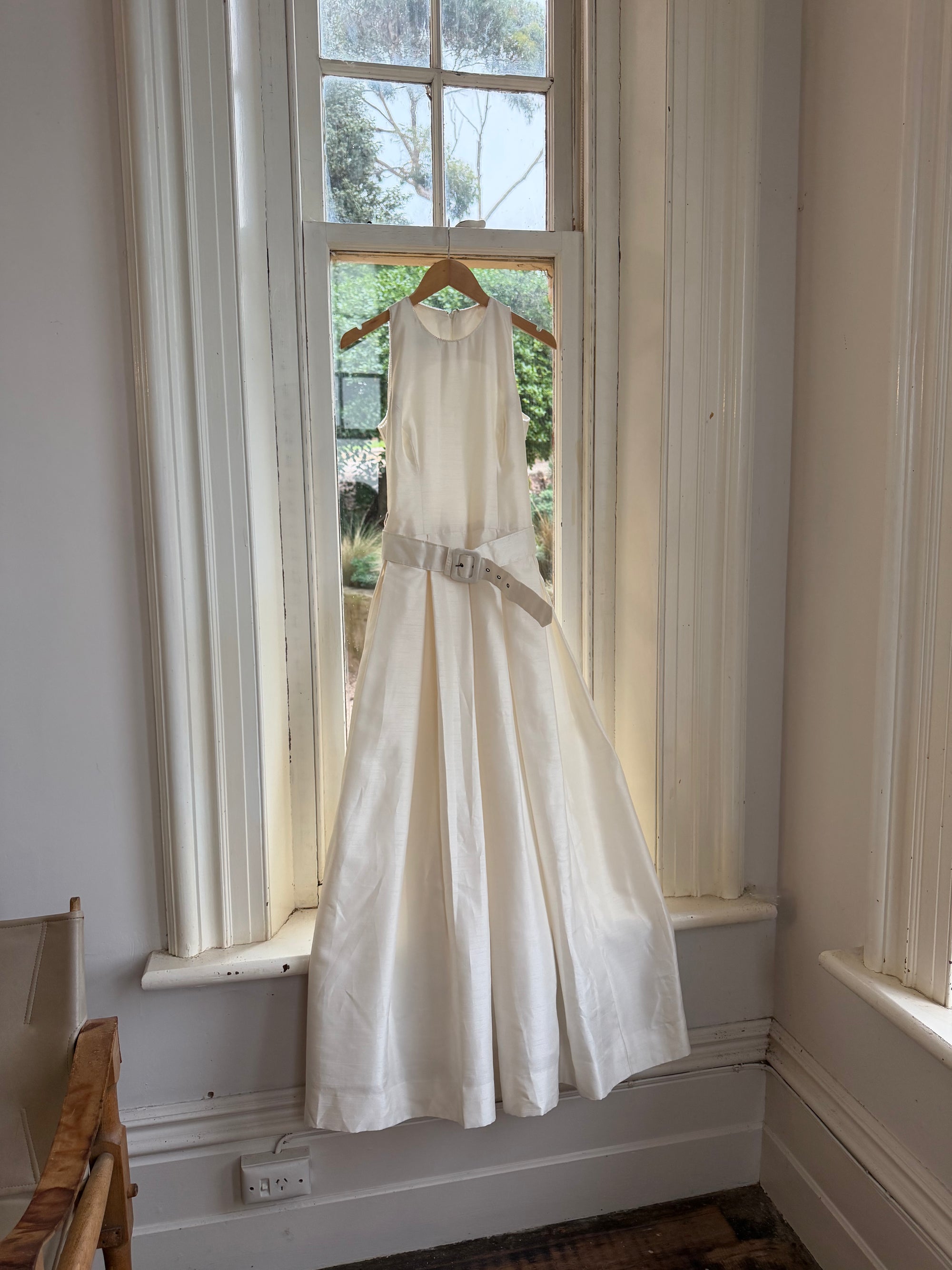 Vintage 90s Pleated Ivory Silk Couture Bridal Dress with Belt
