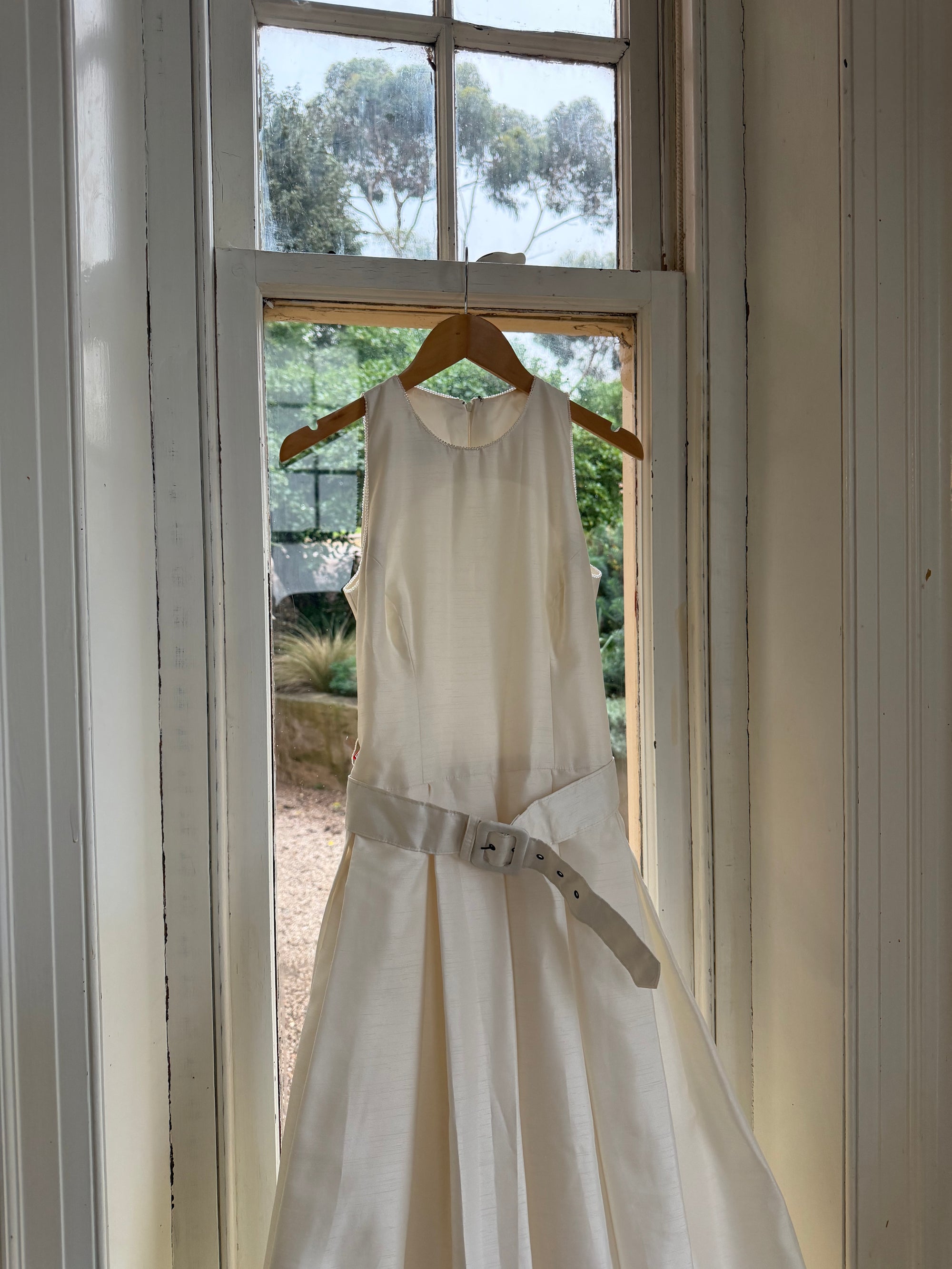 Vintage 90s Pleated Ivory Silk Couture Bridal Dress with Belt