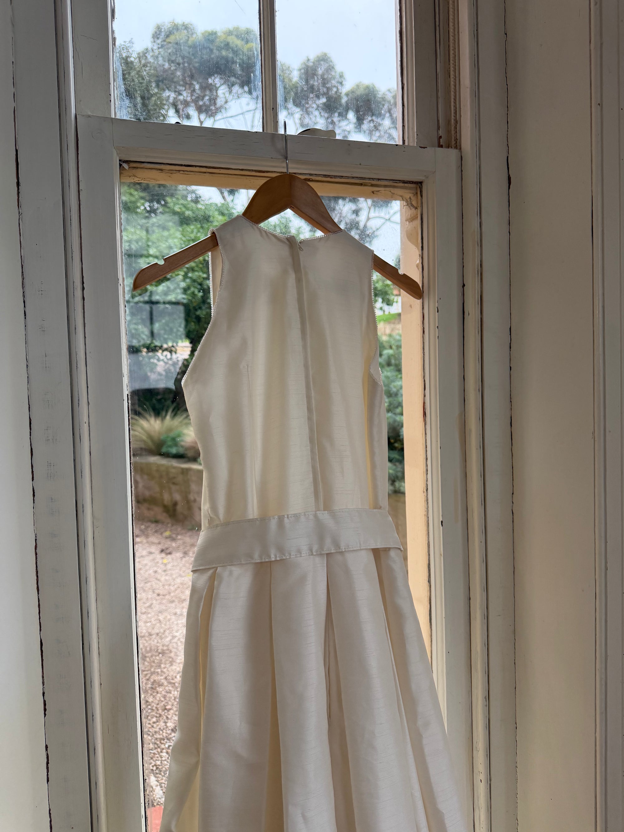 Vintage 90s Pleated Ivory Silk Couture Bridal Dress with Belt