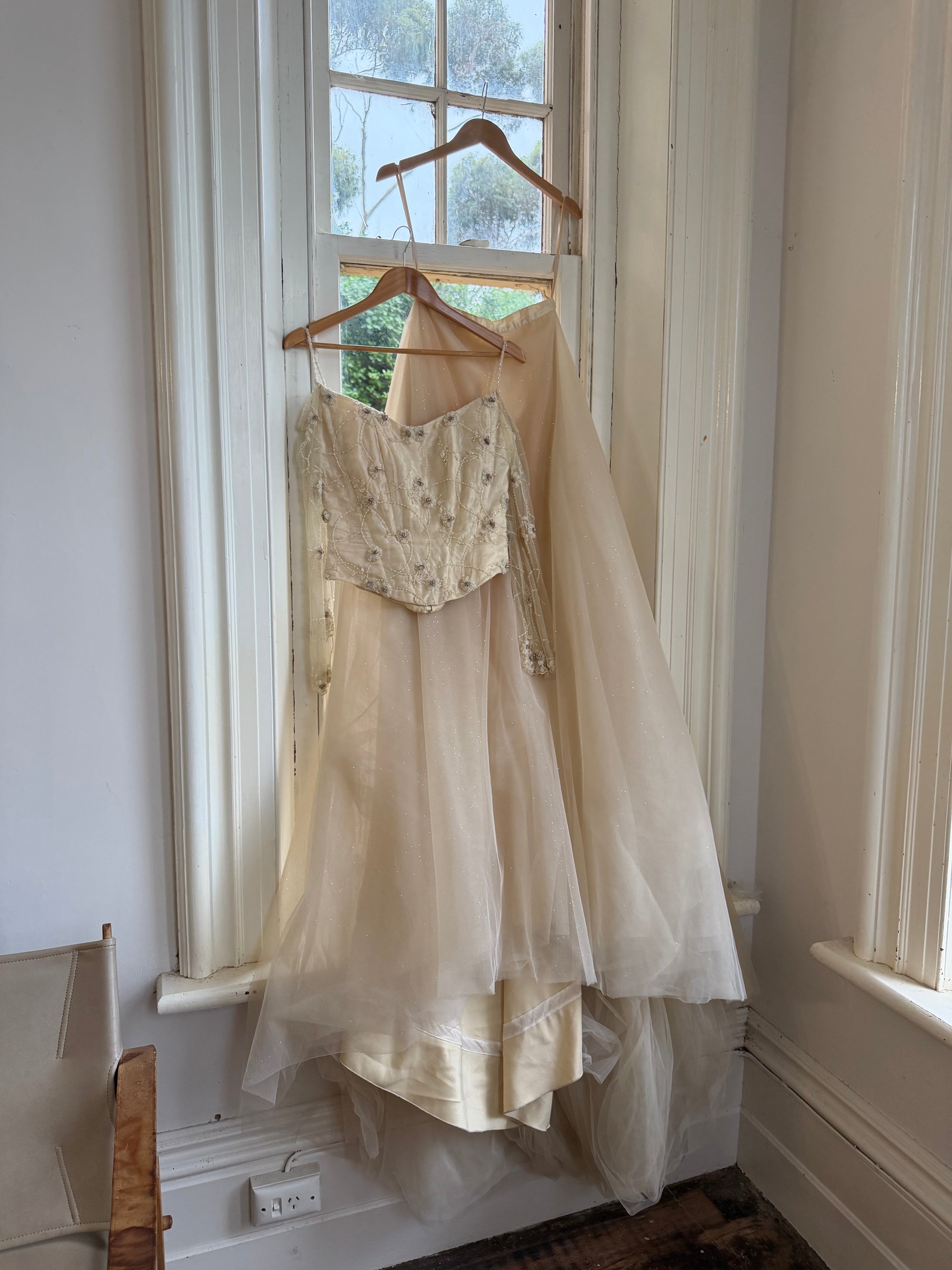 Vintage 90s Daisy Glass Bead Long Sleeved Bustier &amp; Sparkle Tulle Ball Gown Set