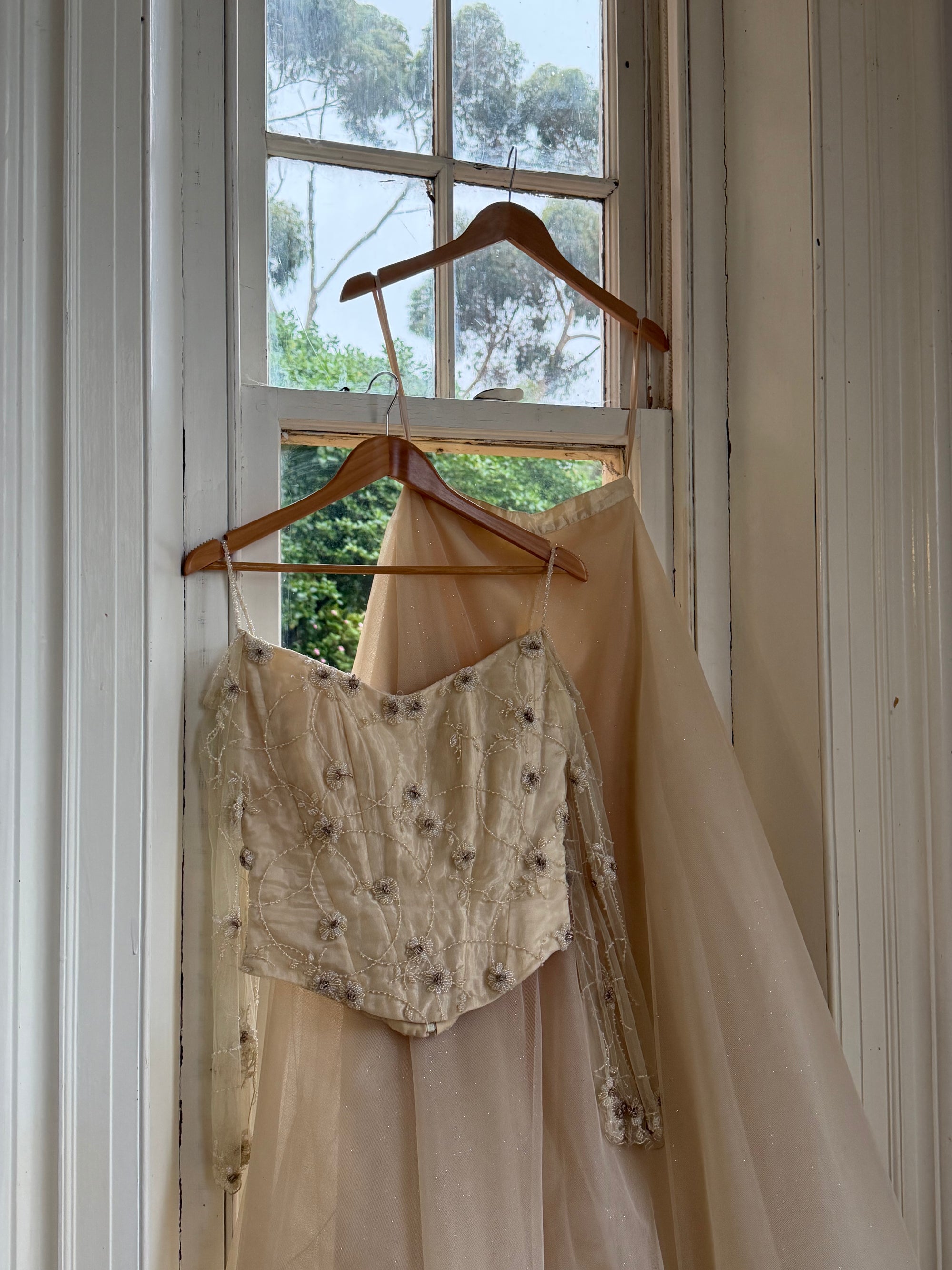 Vintage 90s Daisy Glass Bead Long Sleeved Bustier &amp; Sparkle Tulle Ball Gown Set