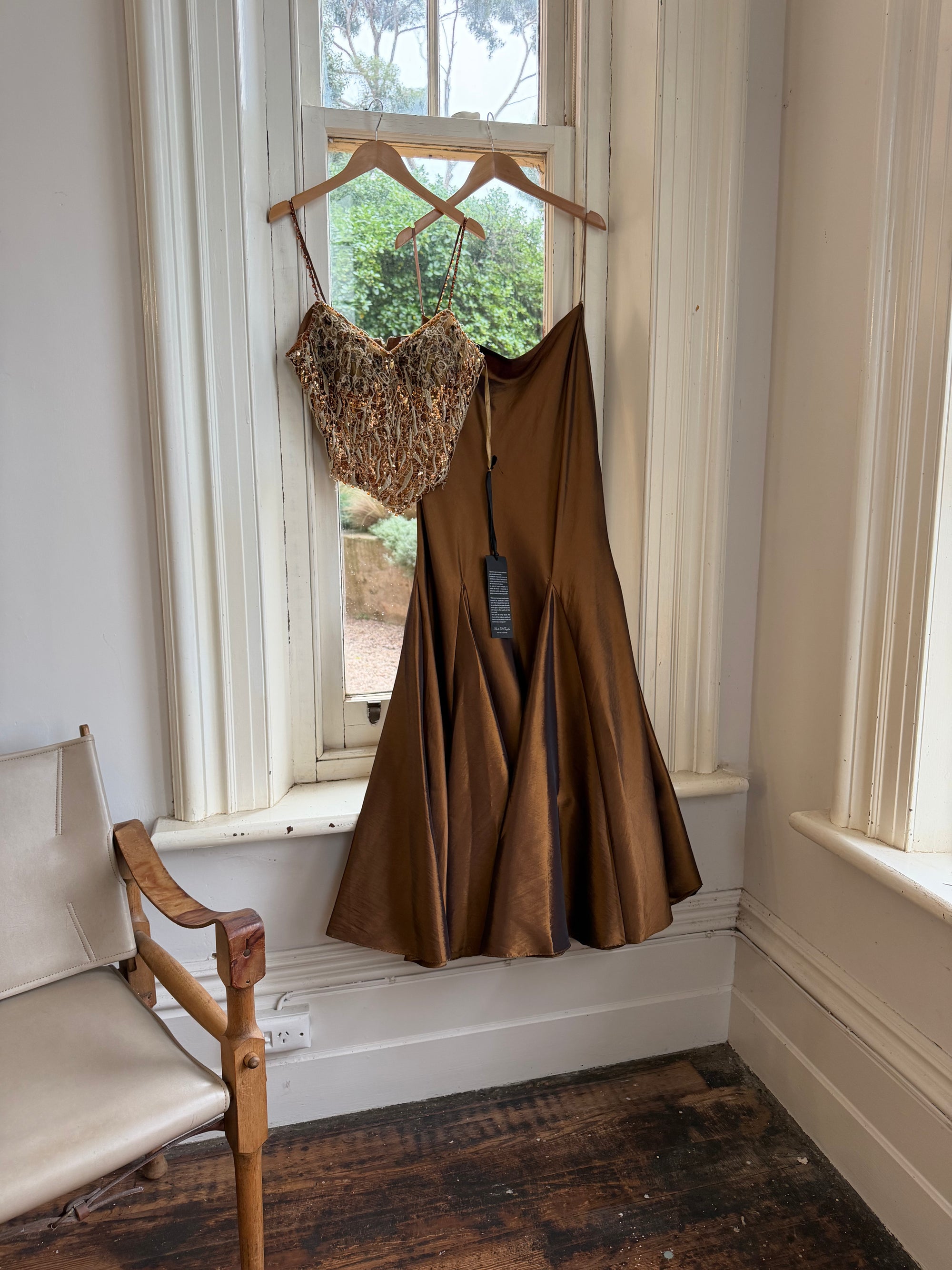 Vintage 90s Haute Couture Beaded Bustier and Bronze Taffeta Skirt Set