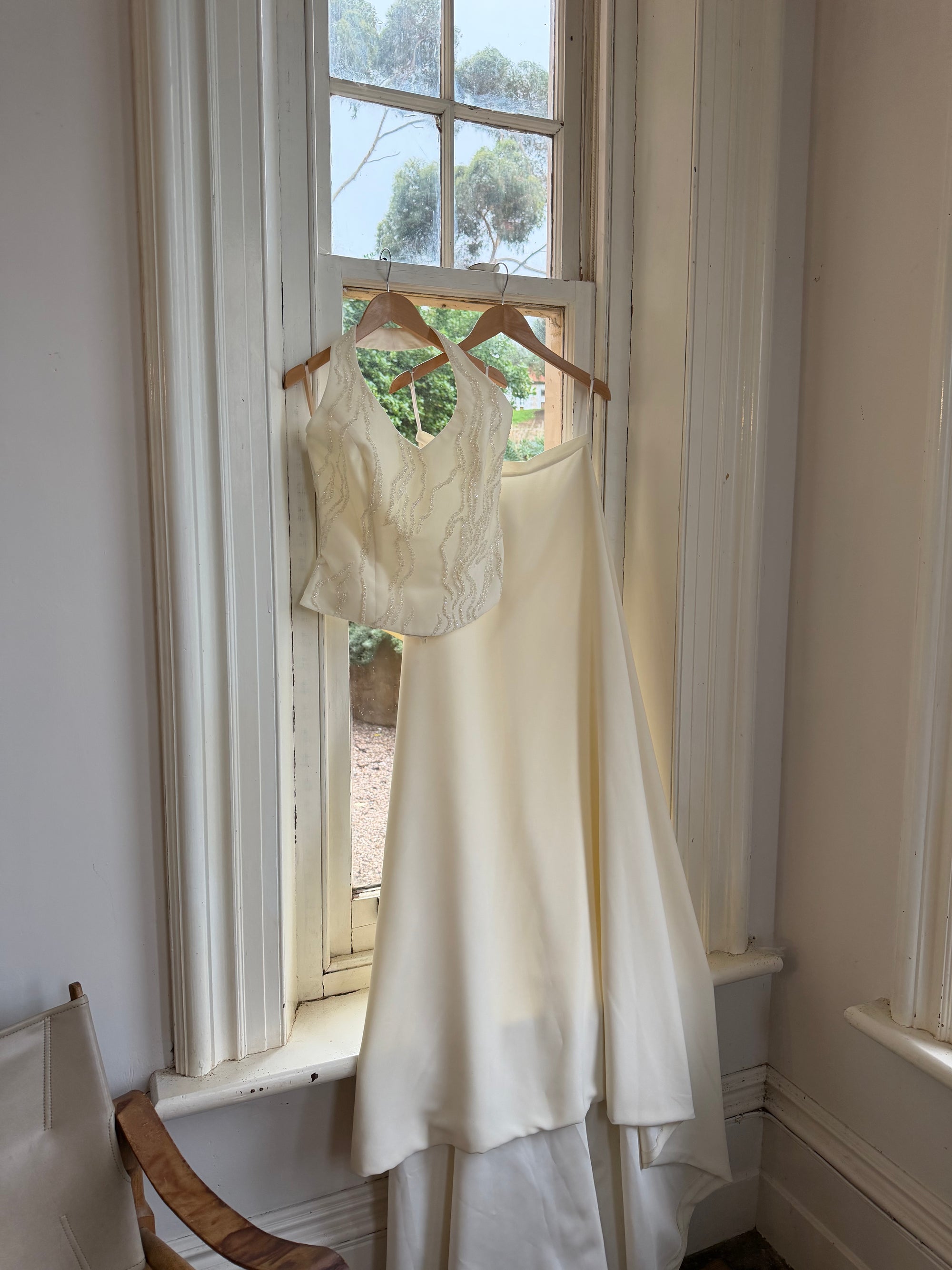 Vintage 90s Glass Beaded Halter Bodice &amp; Crepe Skirt Bridal Set