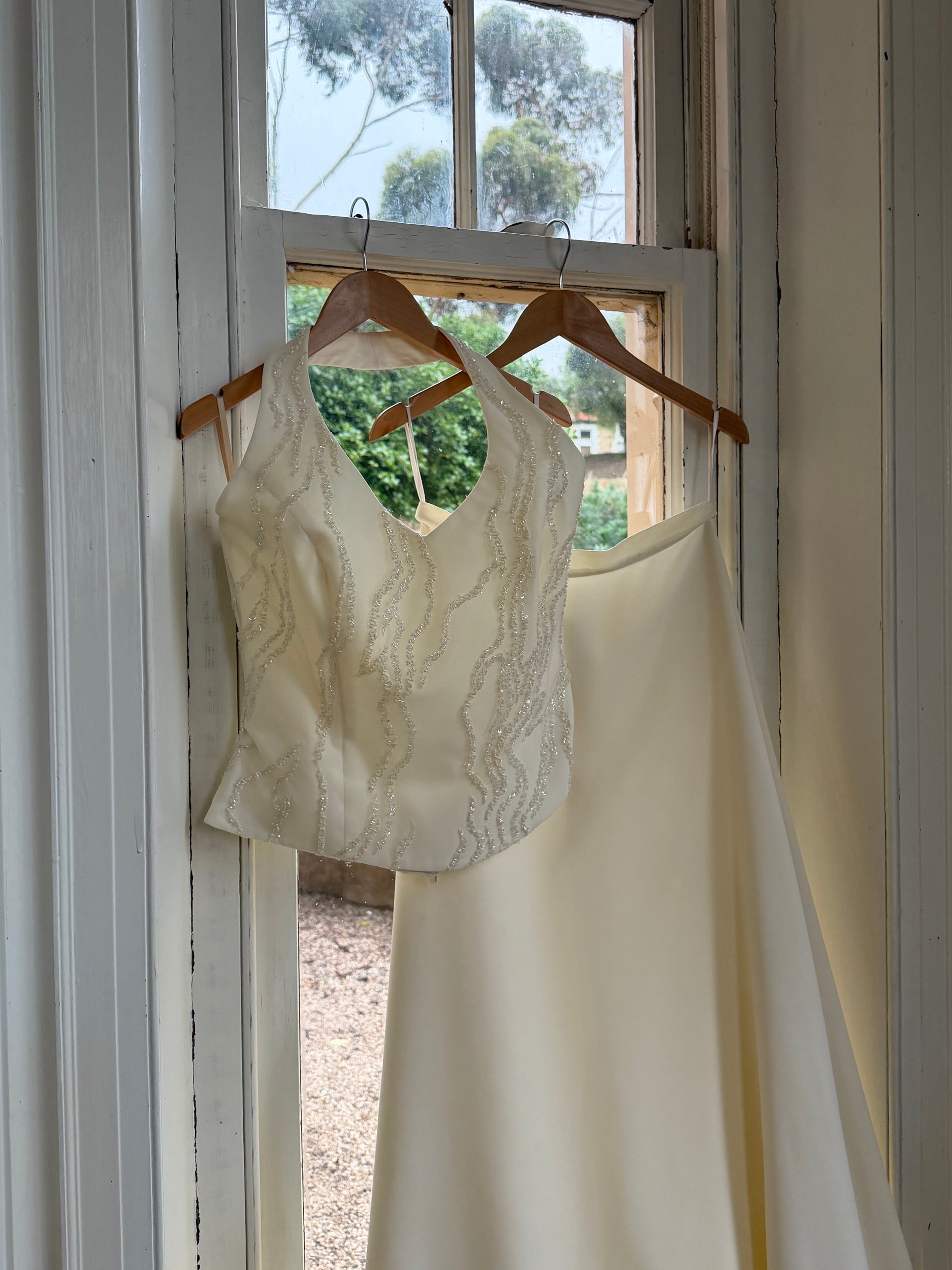 Vintage 90s Glass Beaded Halter Bodice &amp; Crepe Skirt Bridal Set