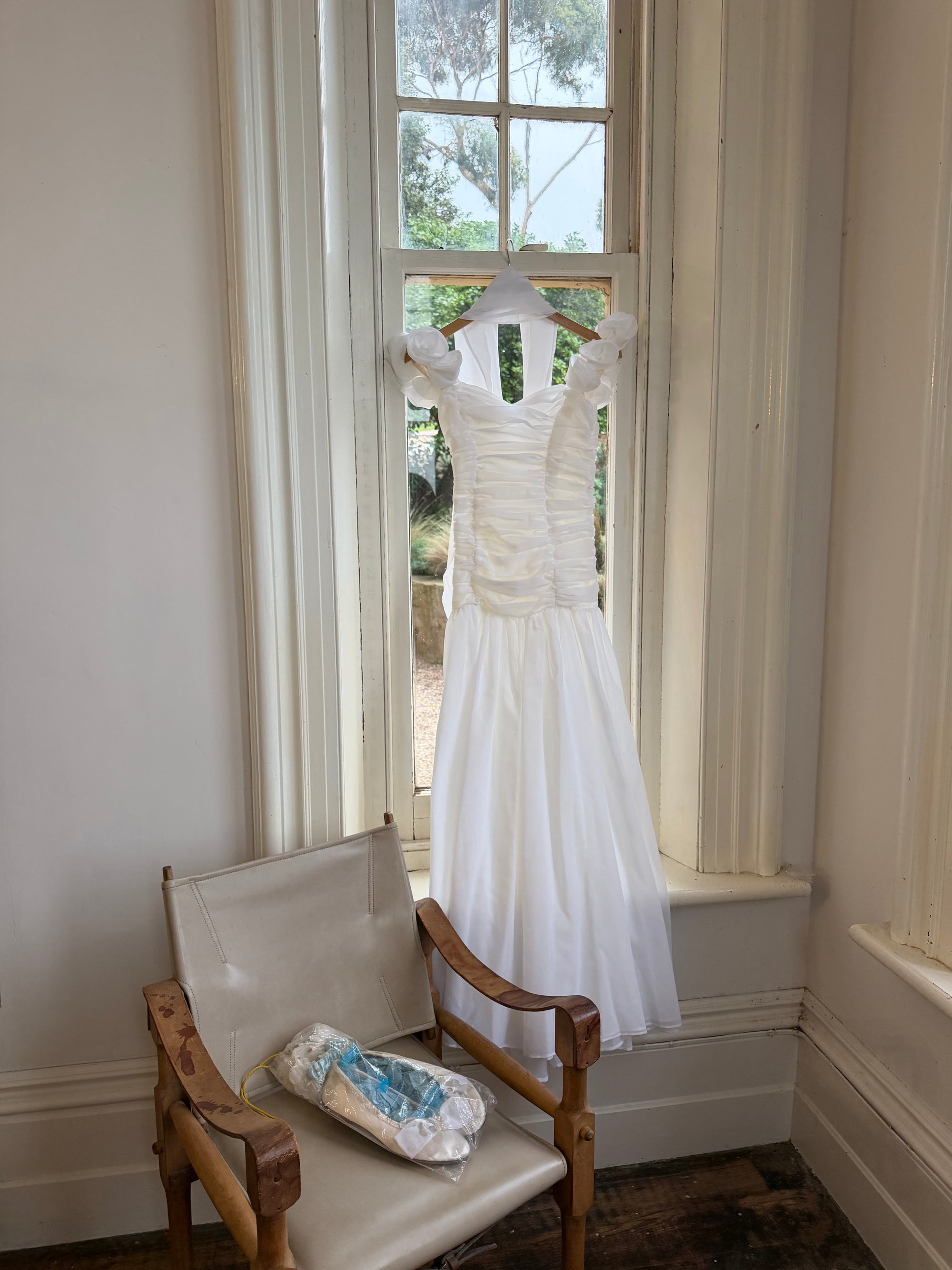 Vintage 90s Chiffon Rosette Off-Shoulder Drop Waist Wedding Dress